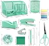 12 in 1 Teal Green Desk Organizer Set - Green Office Accessories Include Stapler, Pen Holder, Tape Holder, Scissors, Ruler, Staple Remover for Home & School
