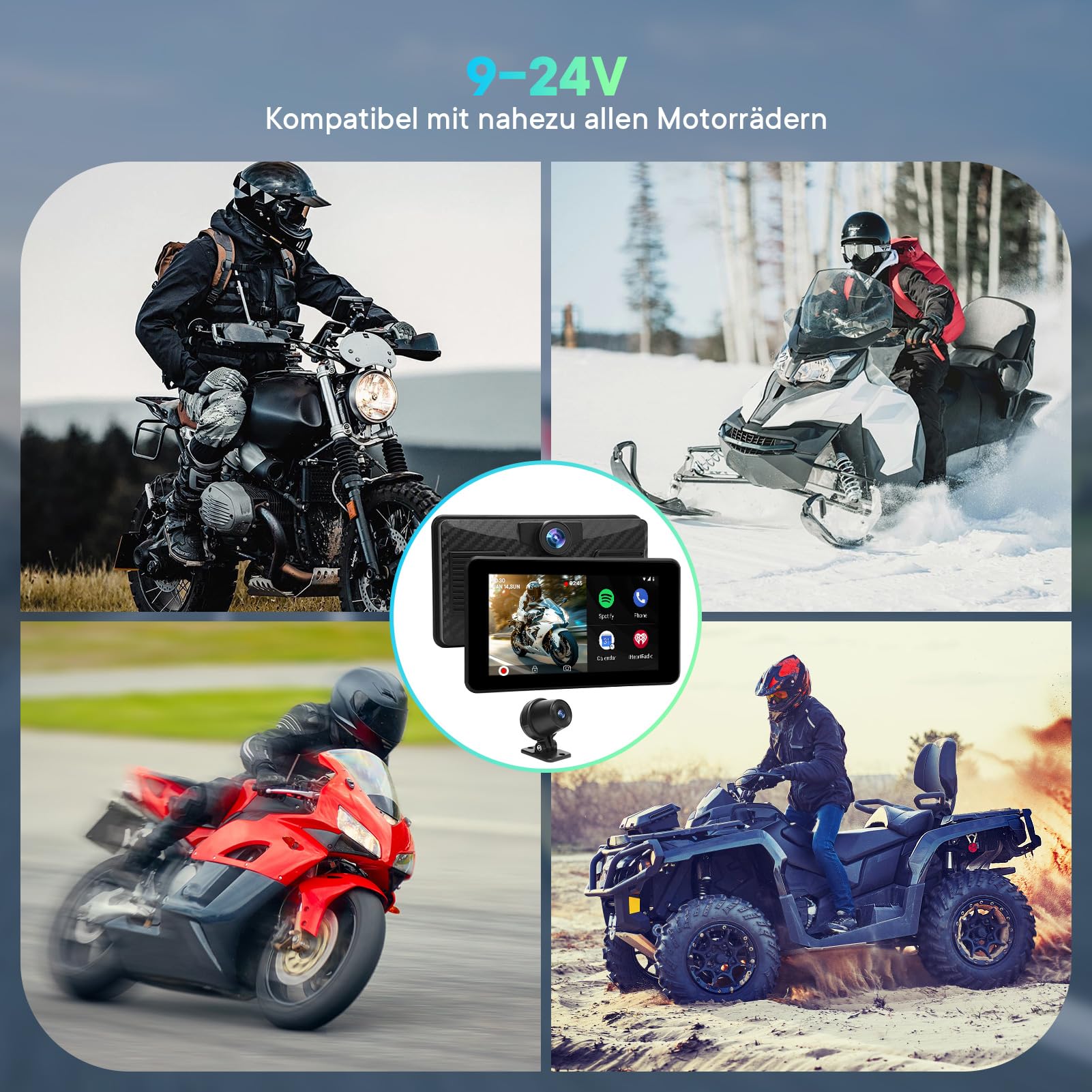 5" Motorrad CarPlay Navi mit Dashcam, Motorrad-Display IPX8 Wasserdichtes, Wireless CarPlay & Android Auto, 2K Kamera, Dual-Bluetooth, Touchscreen, 9V–24V Spannung,TF-Kartenunterstützung