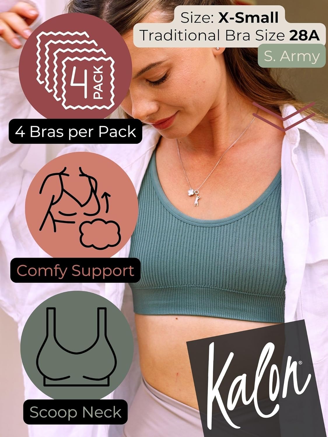Kalon Women's 4 Pack Ribbed Bralette Crop Top Comfort Sports Bra - Image 2