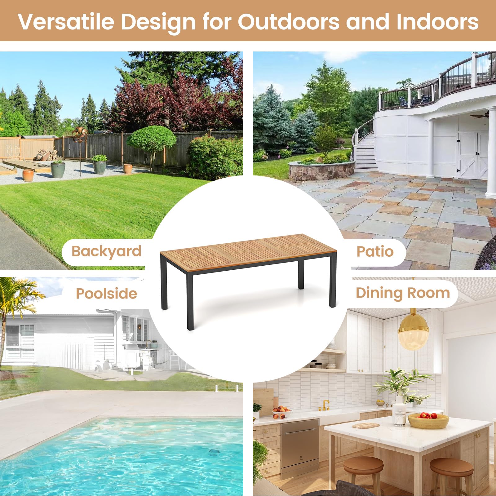 GIANTEX Tavolo da Giardino in Legno di Acacia per 8 Persone, Tavolo Rettangolare da Pranzo con Foro per Ombrellone, Struttura in Metallo, 200 x 90 x 75 cm, Naturale e Nero