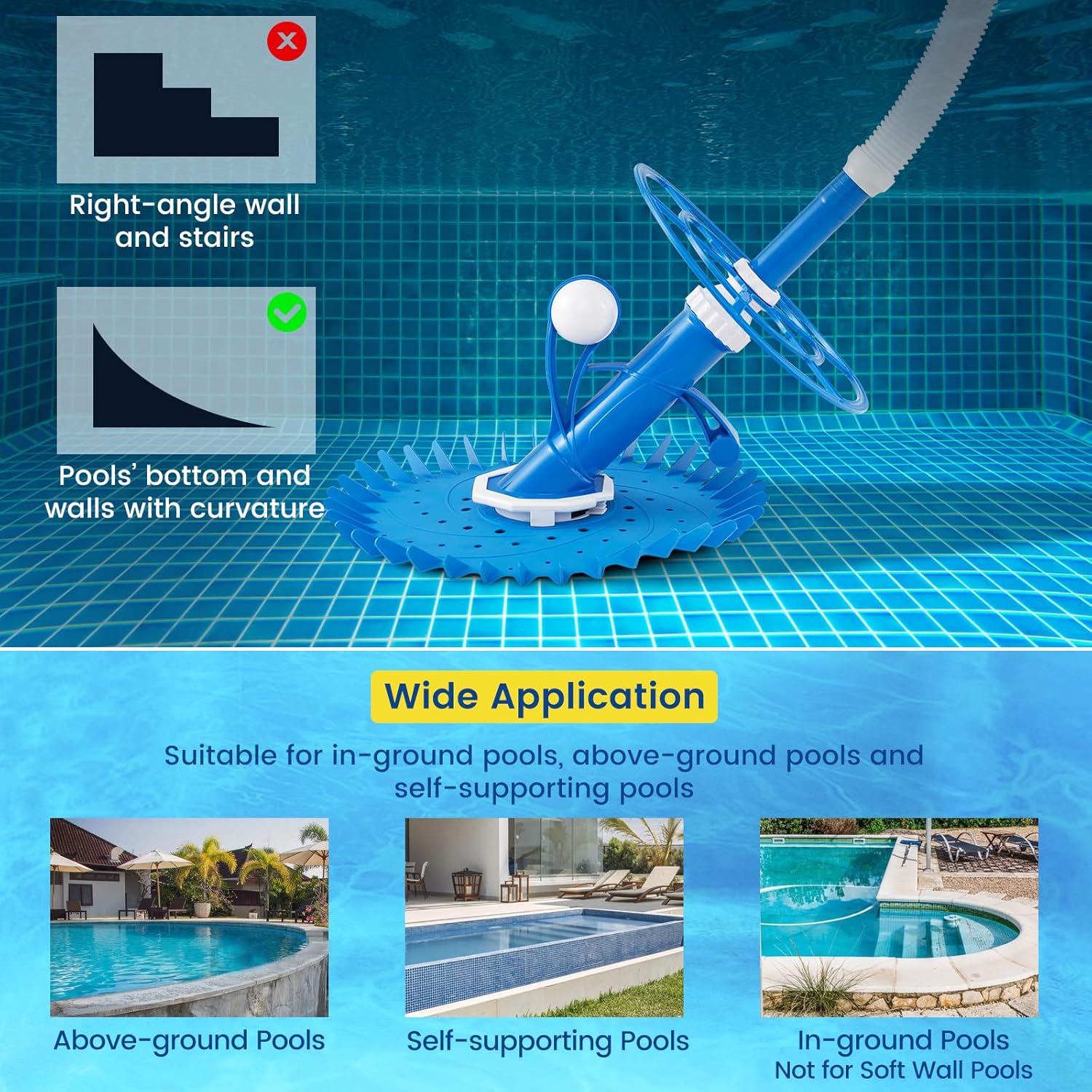 Goplus Upgraded Automatic Pool Cleaner, Vacuum Suction Pool Sweeper with 10 x 3.3 FT Extension Hoses & 36-Fin Disc, Side Climbing Pool Cleaners Cleaning for Above-Ground Inground Pools Floors, Walls