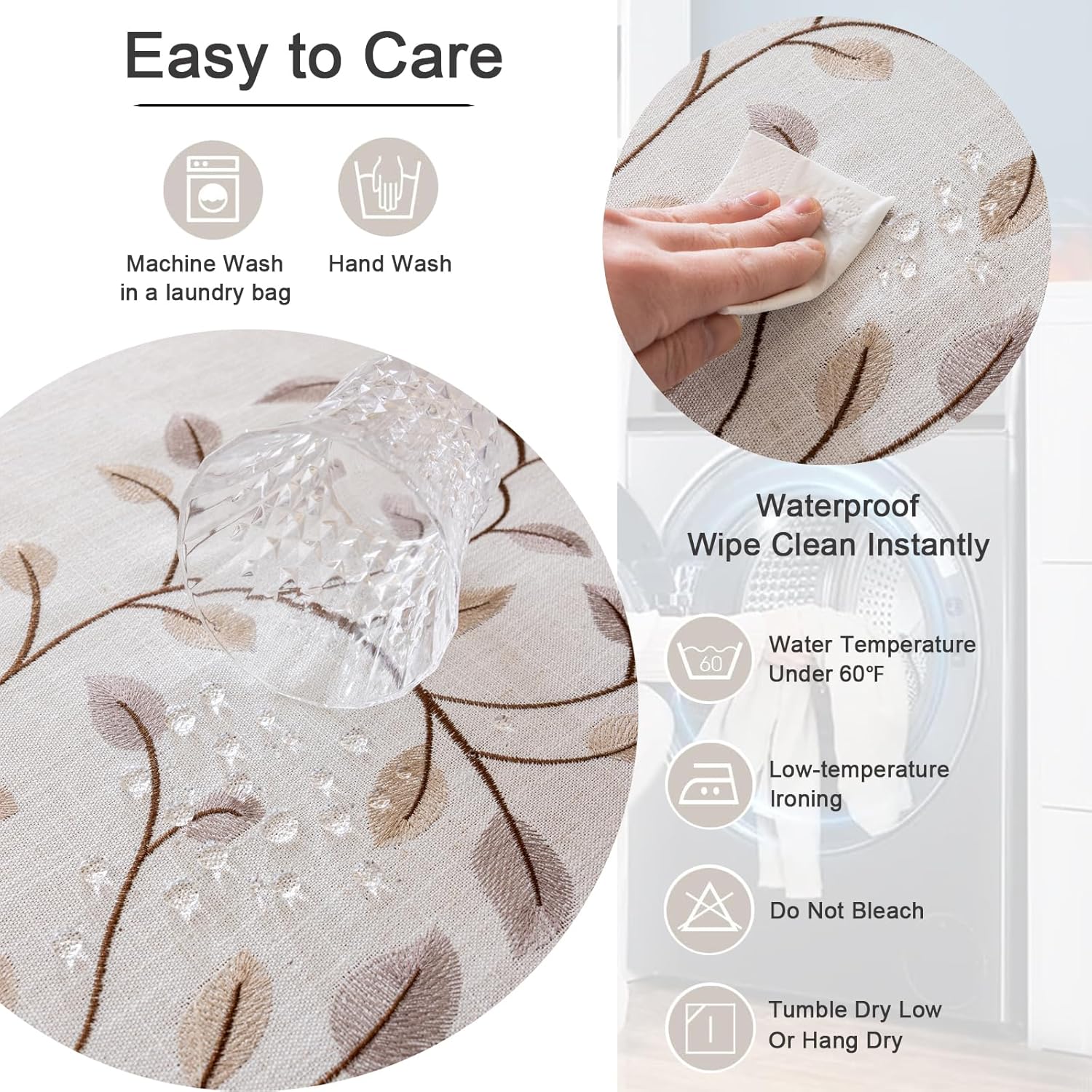 Joyfol Day Rectangle Linen Tablecloth, Heavy Duty Waterproof Tablecloths, Farmhouse Embroidery Leaves Table Cloth with Tassels, Soft Wrinkle Free Table Cover, Coffee Vines, 55''x 70''