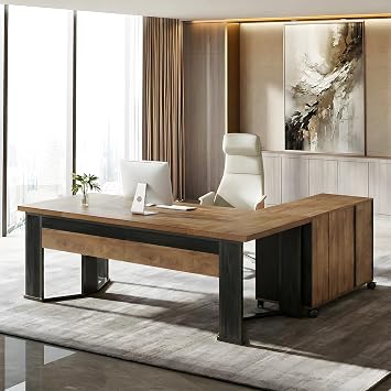 Tribesigns 70.86" L Shaped Executive Desk with Drawers, Large Computer Office Desk with Mobile File Cabinet and Storage Shelves, Modern Business Furniture Sets for Home Office Light Brown