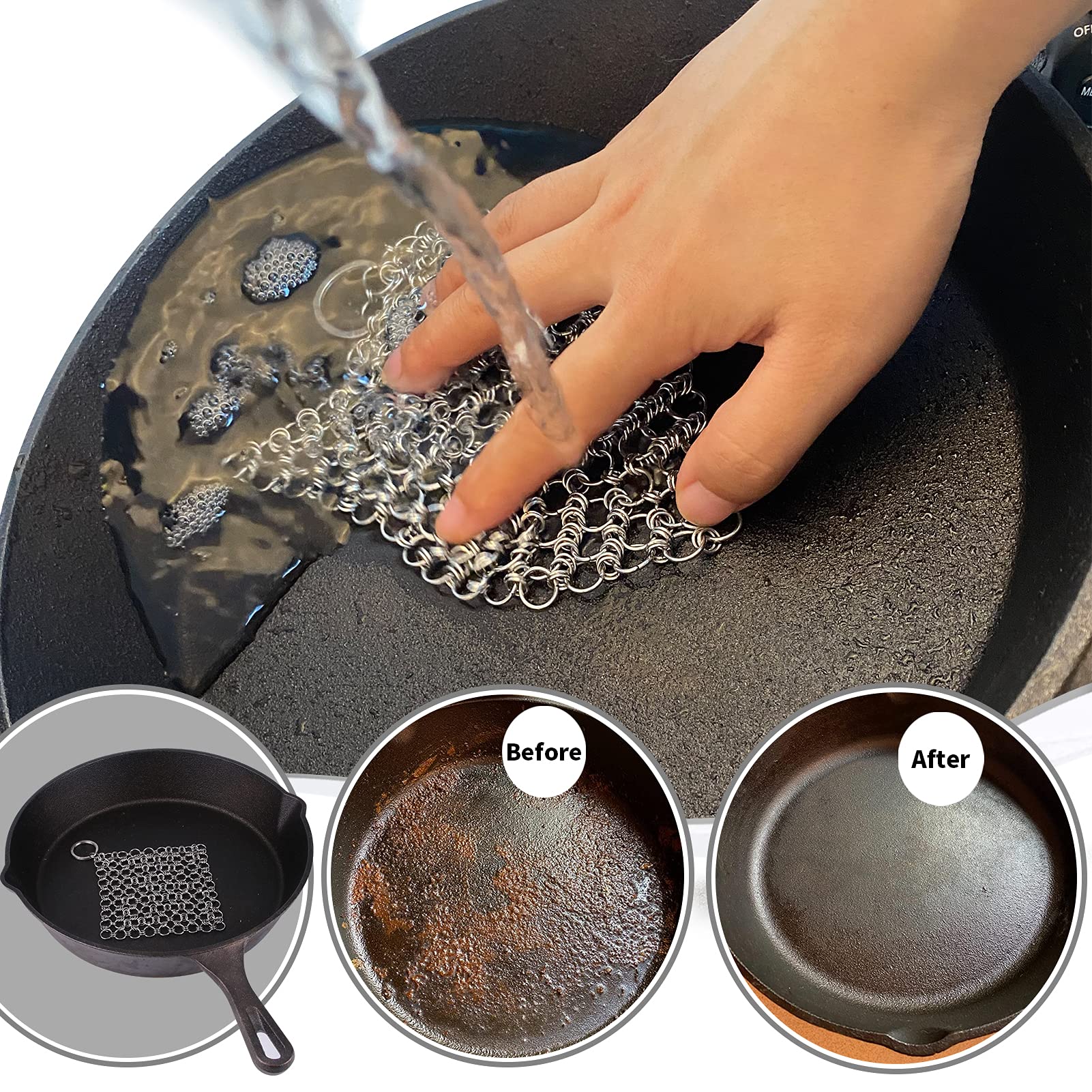 2Pack Cast Iron Cleaner Chain Mail Scrubber, Iron Skillet Scrub Brush