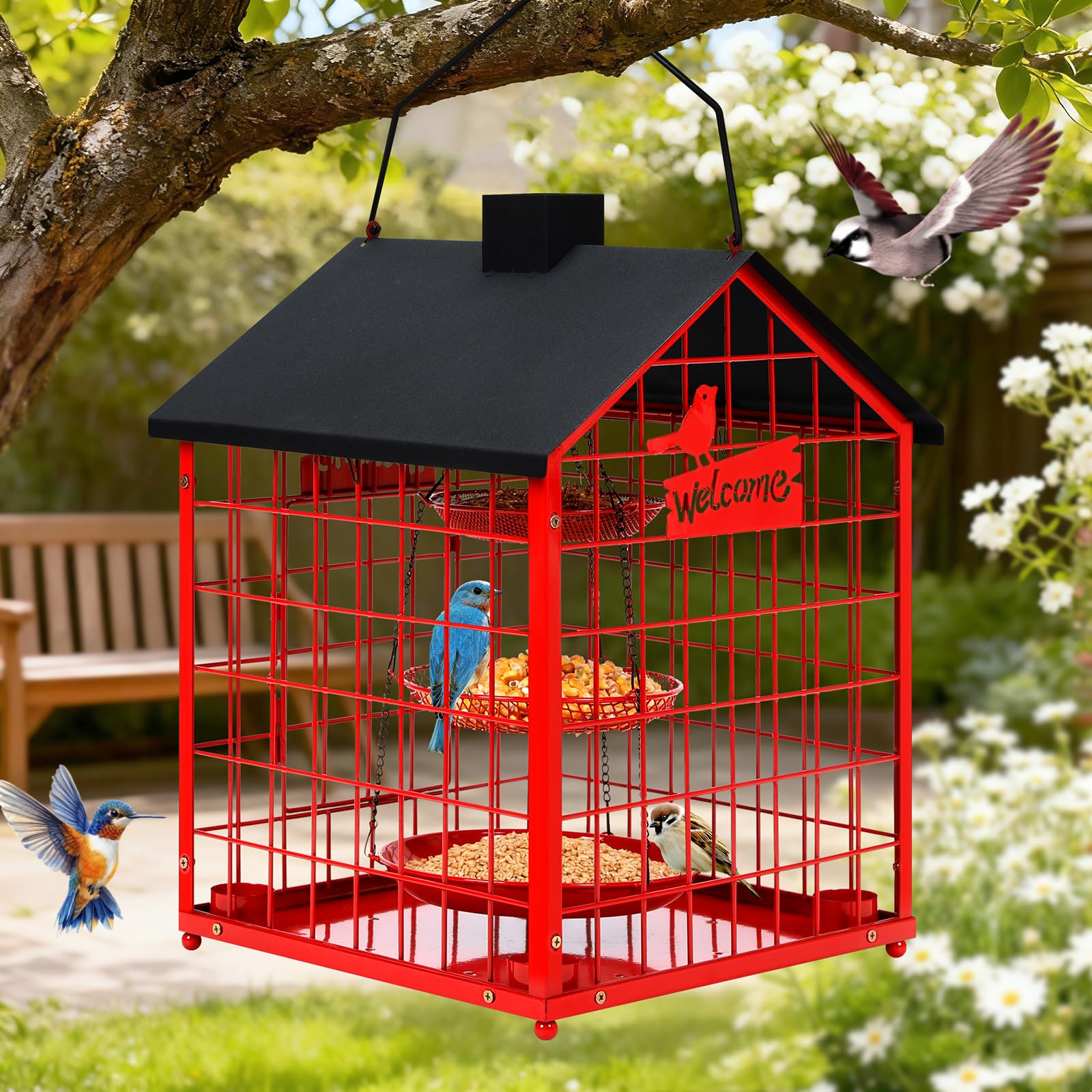 Mangeoires à oiseaux pour l'extérieur, mangeoire à oiseaux bleus en métal, énorme mangeoire à oiseaux en cage résistante aux écureuils avec 4 tasses, mangeoires à oiseaux sauvages à suspendre à