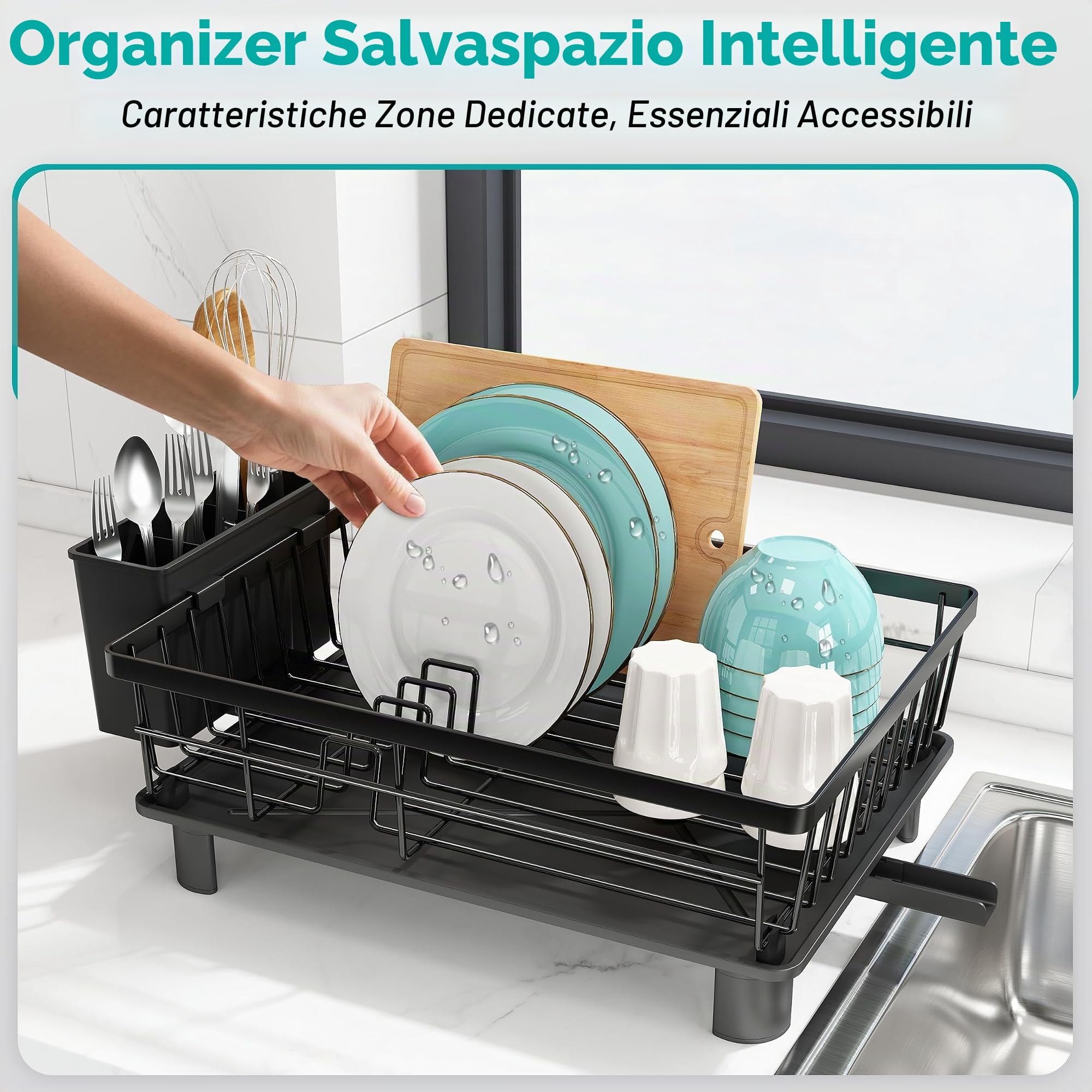 MAJALiS Scolapiatti, Scolapiatti da Cucina in Acciaio Inox nero con Portautensili, Scarico