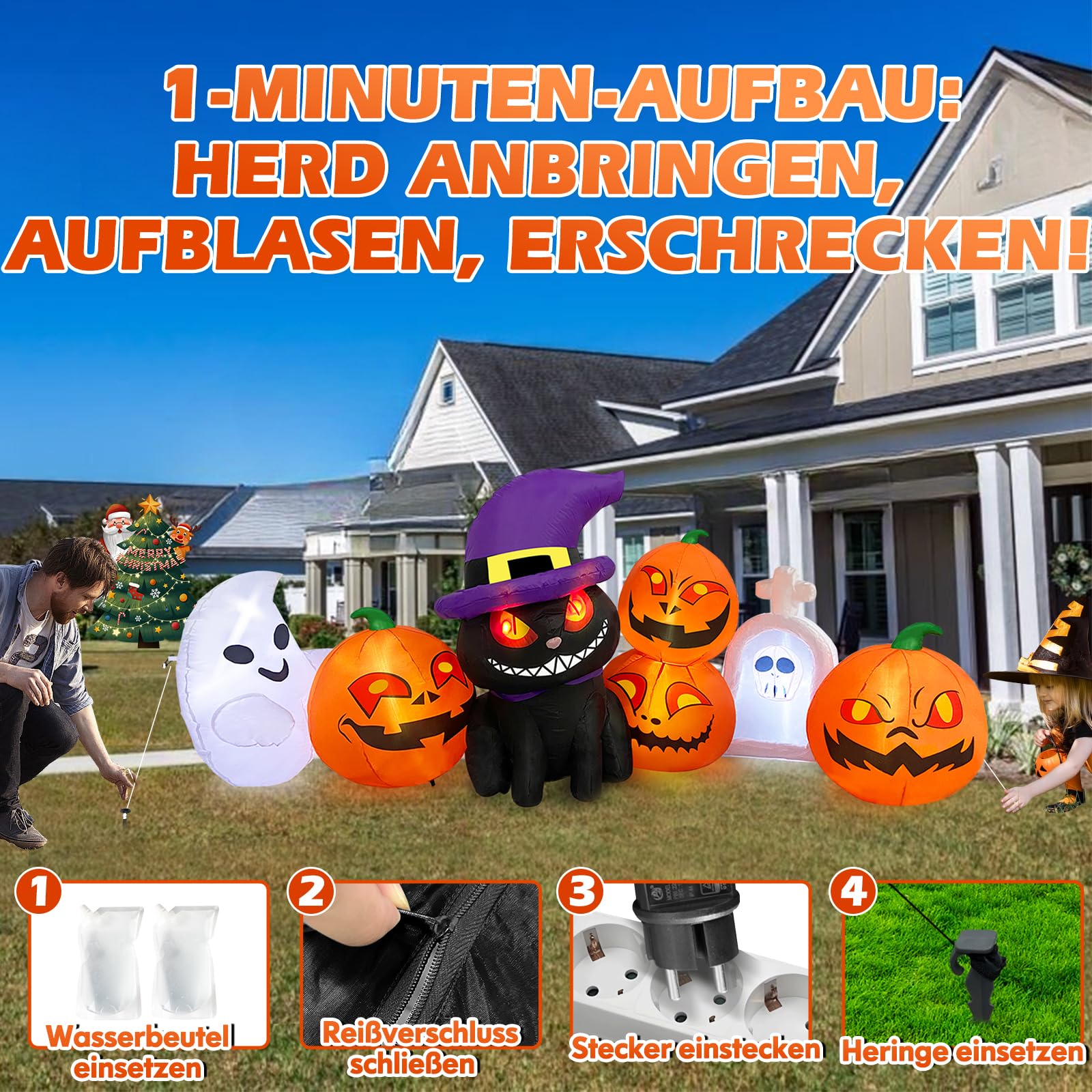 Danxilu Calabazas Hinchable Halloween 2,4 m con Fantasma y Gato Negro