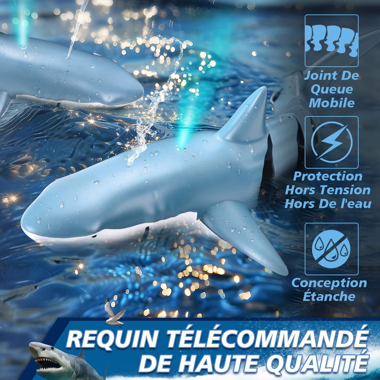 YOOHBERRYS Requin Telecommandé, 2.4 GHz Jouet Requin Télécommandé, Bateau Requin RC avec Lumières et Jets d'eau, Jouet Piscine Cadeau pour 6+ Ans Garçon Fille (Bleu)
