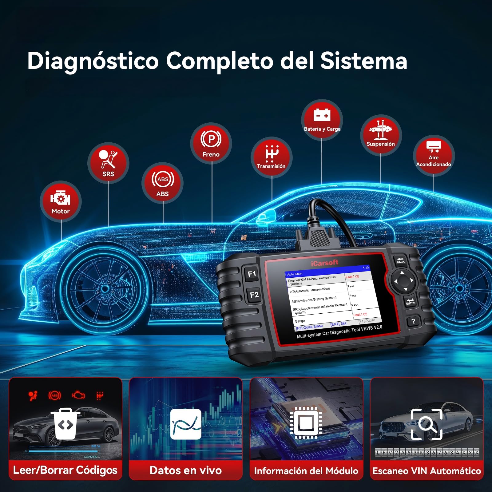 iCarsoft VAWS V2.0 OBD2 Máquina Diagnosis Coche para VW/AU.DI/Skoda/Seat, Escáner de Todo el Sistema, Detector Fallos Coche con 9 Funciones Reinicio, Prueba de Batería, Actualización de por Vida