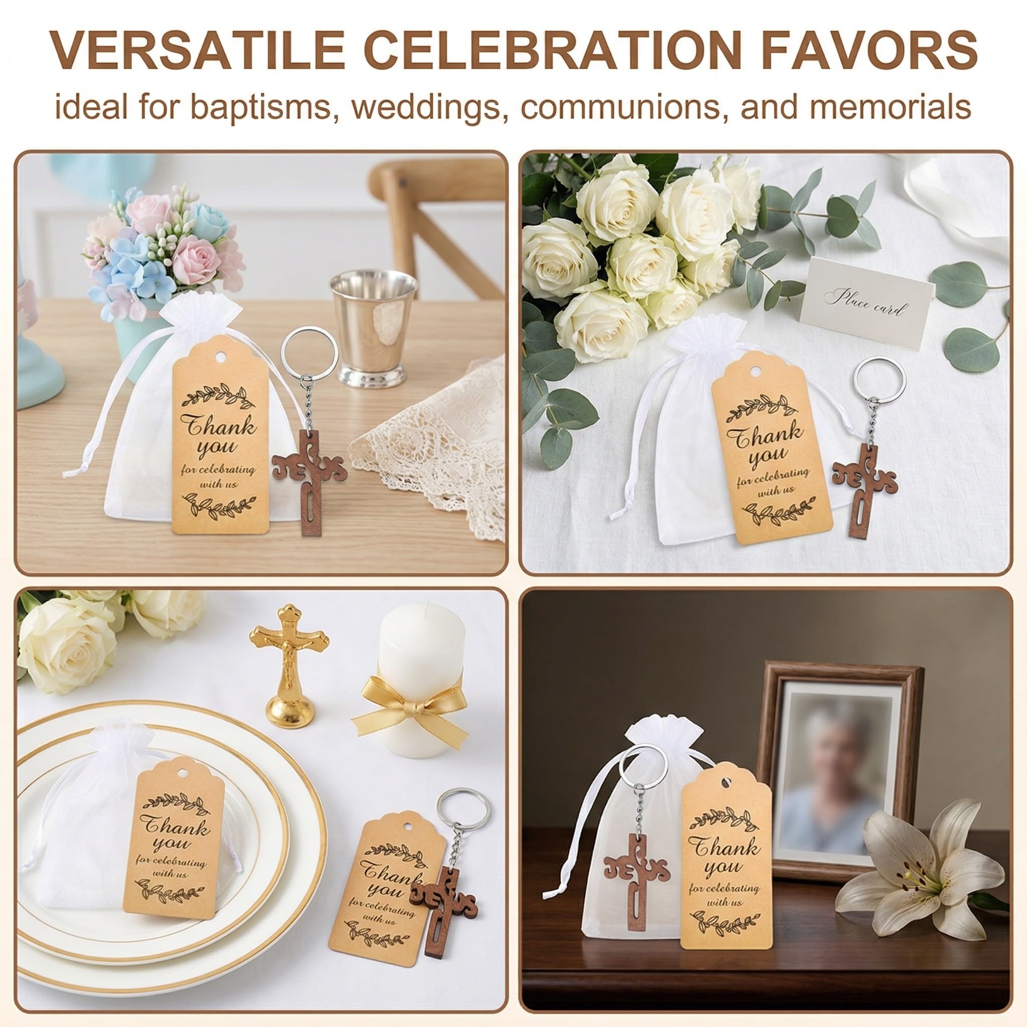YUZNA 12 sacs + 12 cartes + 12 porte-clés croix Etiquette Baptême Motif Cadeau Invité Décoration pour Baptême avec Ruban