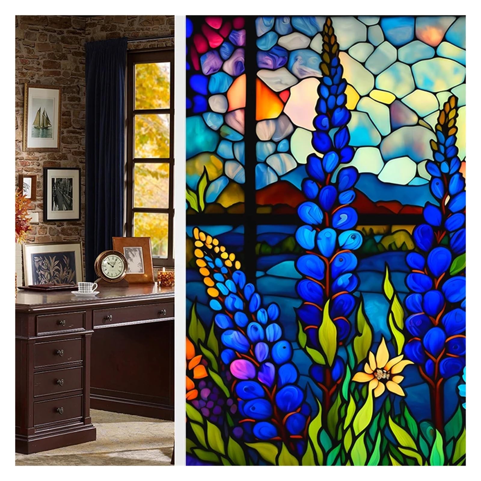 Mdsiokhj Color2 Stained Glass Window Film Colorful Retro Flower Bird Pvc Electrostatic Glass Stickers Stained Static Cling Frosted Film(Color2)