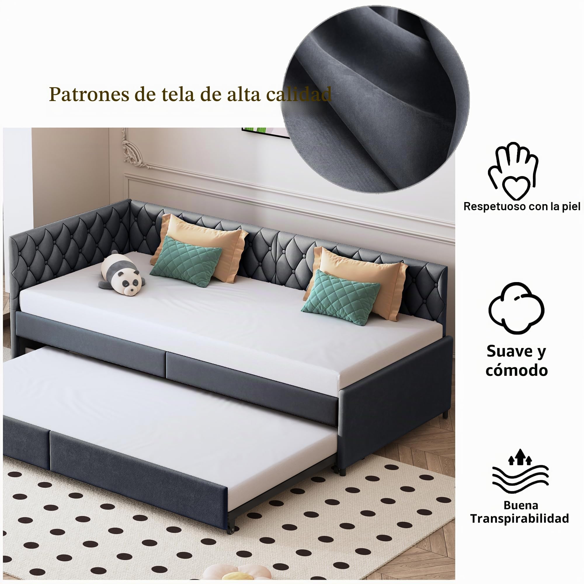 Cama de día extensible con somier de listones de madera, cama tapizada, sofá cama extensible 90/180 x 200 cm, cama individual/doble con somieres, cama multifunción (90 x 200 cm, negro B)