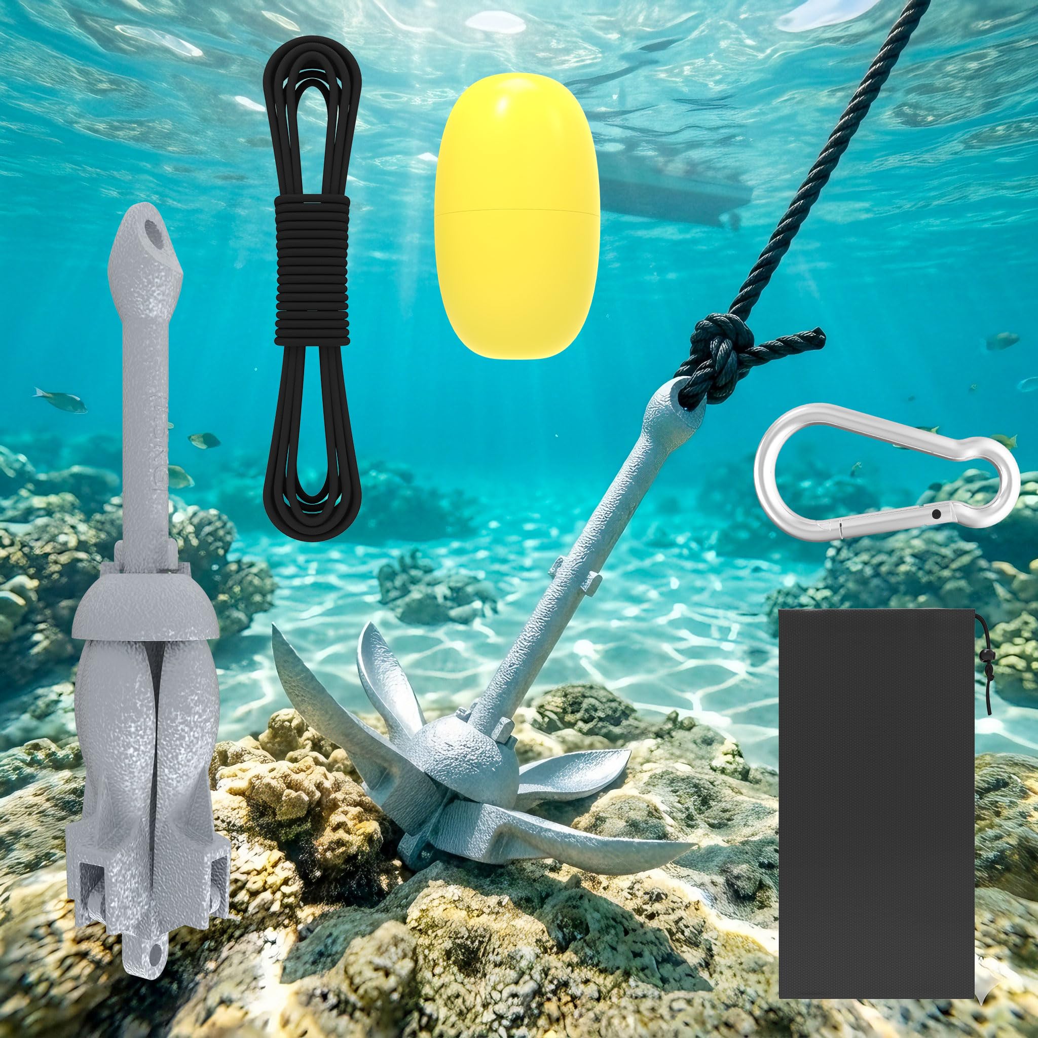 UISEBRT Ancoraggio pieghevole per barche in ghisa zincata a caldo, 0,7/1,5 kg, con corda di ancoraggio da 10 m, moschettone, boa e borsa per il trasporto impermeabile per barca gonfiabile, kayak, SUP