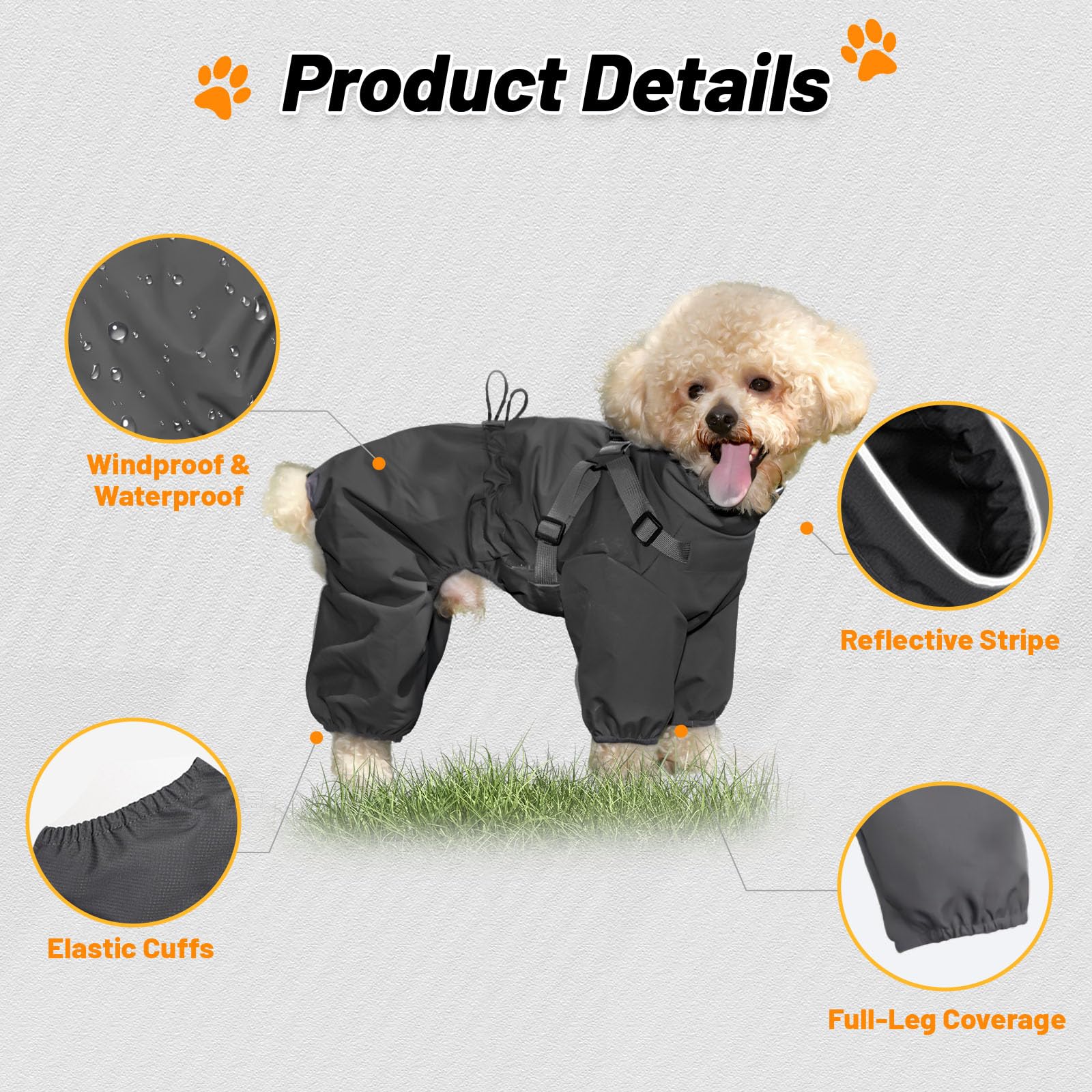 Maqilo Four-Legged Dog Raincoat – Waterproof & Windproof with Adjustable Drawstring, Reflective Strips, Easy-On Zipper & Built-in Harness for Small/Medium Dogs
