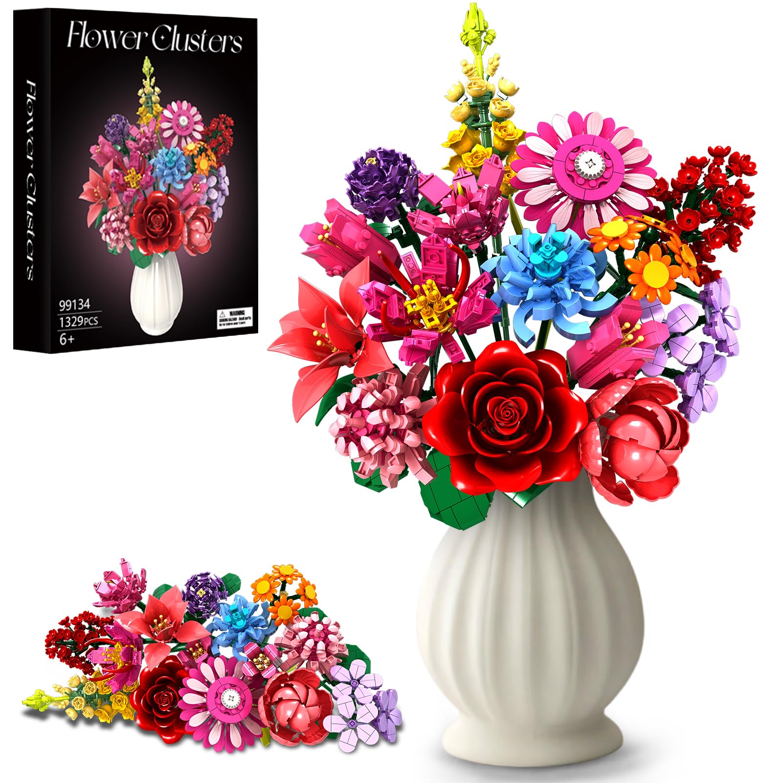 Blumen-Bausteine-Set, 1329 Teile, zeitloses Blumenstrauß-Set mit 14 verschiedenen Blumenarten, DIY-Bausatz für farbenfrohe Blumendekoration für Zuhause/Büro, Geburtstagsgeschenk/Jahrestag/Muttertag