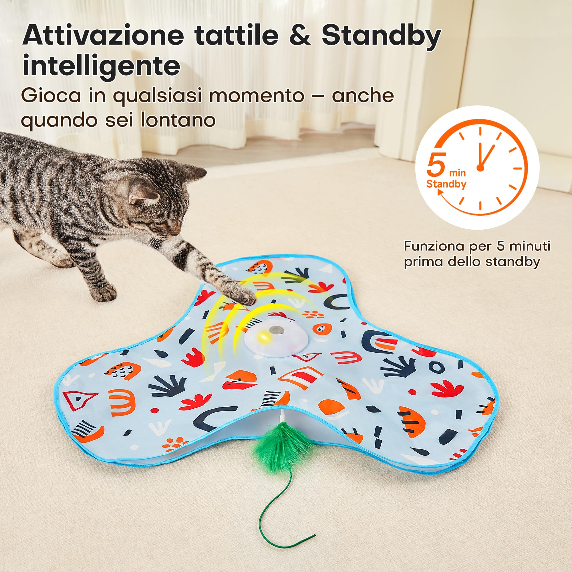Potaroma Giochi per Gatti Interattivi Ricaricabili – Giocattolo con Piume Nascoste in Movimento, Suono Realistico di Topo, Attivazione al Tocco, per Gattini e Gatti Adulti da Interno Cover Floreale
