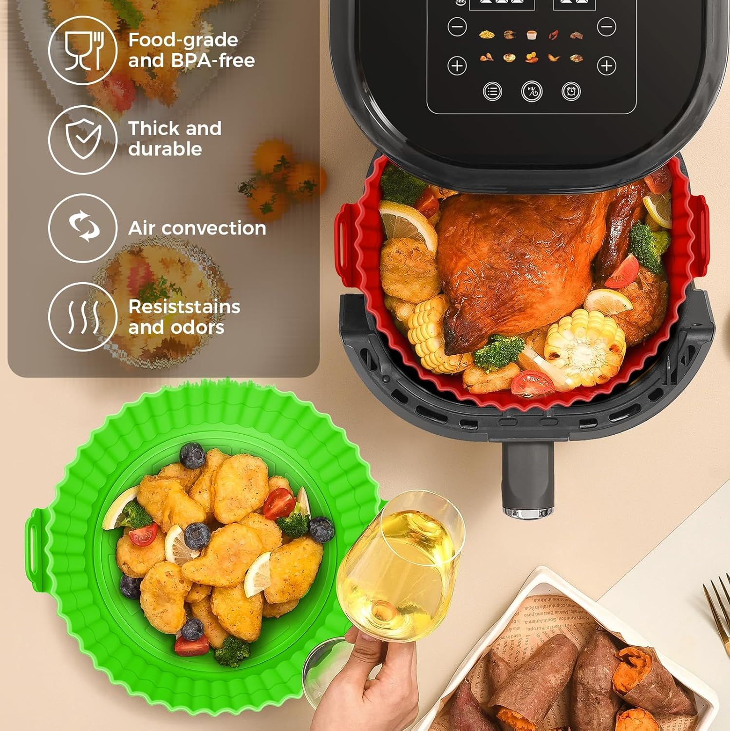 Fuelbyte 1 Pcs Silicone Air Fryer Accessories Set Includes Air Fryer Basket Bowl Baking Air Fryer Tray Liners Cake Moulds Tray Liner for Baking Roasting Frying 2