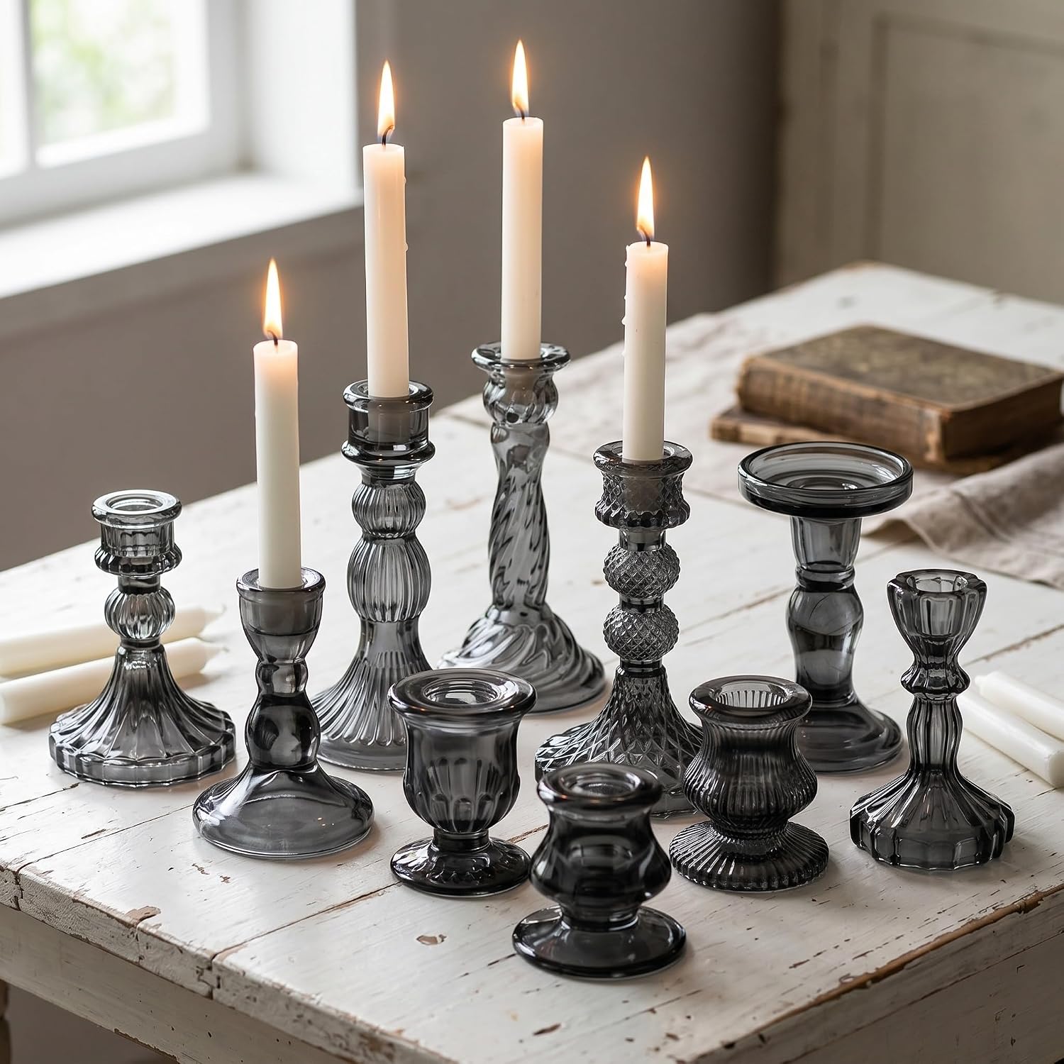 Mumufy 40 Pcs Glass Crystal Taper Candle Holders Clear Glass Candlestick Holder Fit 0.8 Inch Candles Crystal Decorative Candle Stand Centerpiece Table Wedding Dining Party (Classic,Clear)