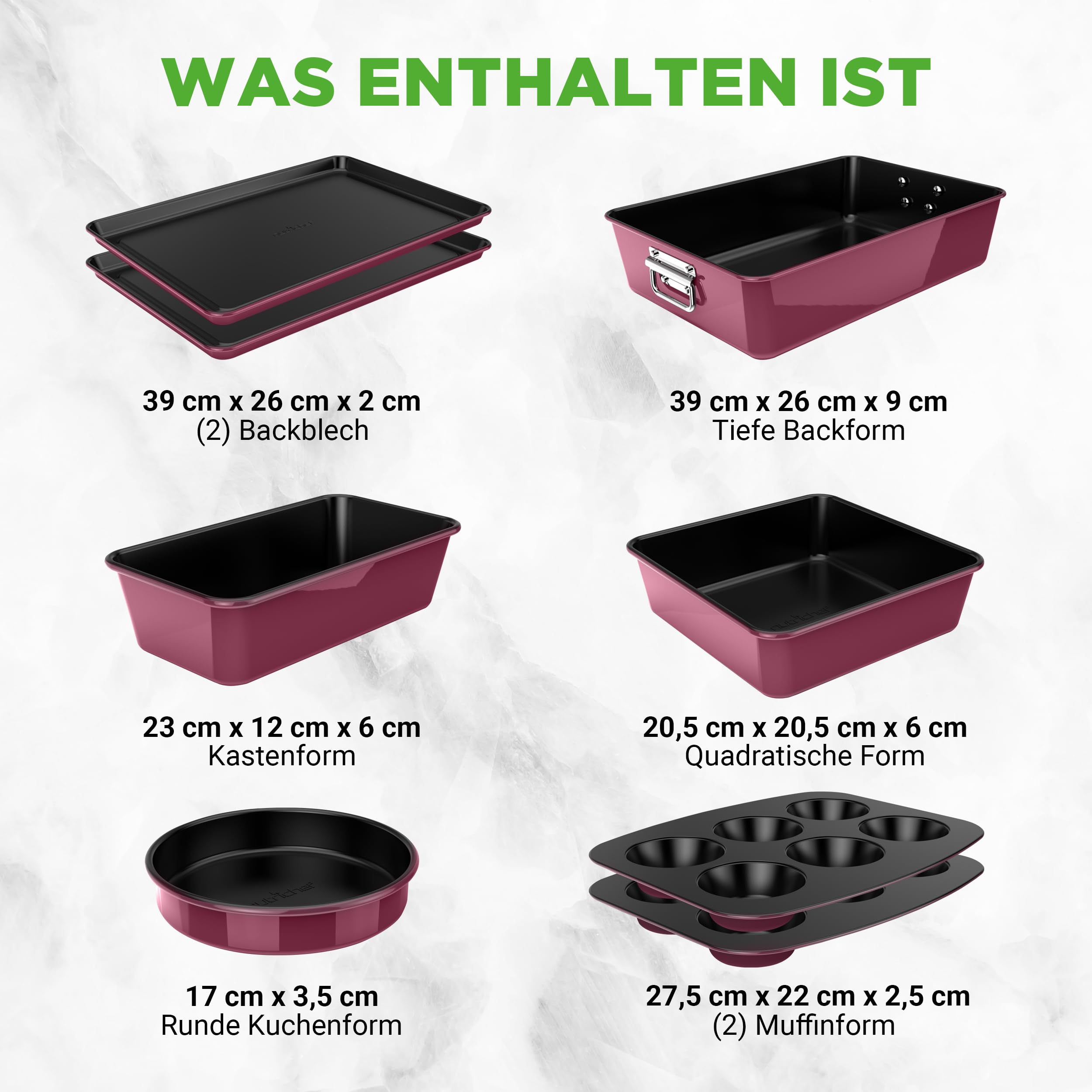 NutriChef Backformen Set 8-teilig – Auflaufform, Brotbackform, Backblech, Muffin Backform, Violet, Kuchenform rund & eckig, stapelbar & antihaft, spülmaschinenfest, ofenfest bis 230°C
