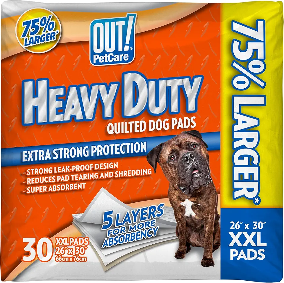 OUT! Petcare Puppy Pads XXL, Heavy Duty, Leak Proof Pee Pads for Dogs, Potty Training &amp; Housebreaking, Puppy Essentials (26"x30", 30 Count)