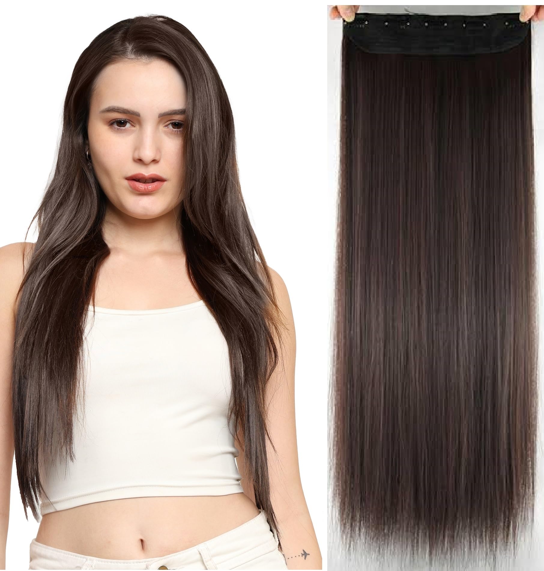 MoonEyes, Natural Brown Straight Hair Extensions in High Temperature Synthetic Fiber in 24 inch, 5 Clips Head in 1 Piece For women and girls (Light Brown)-image-20