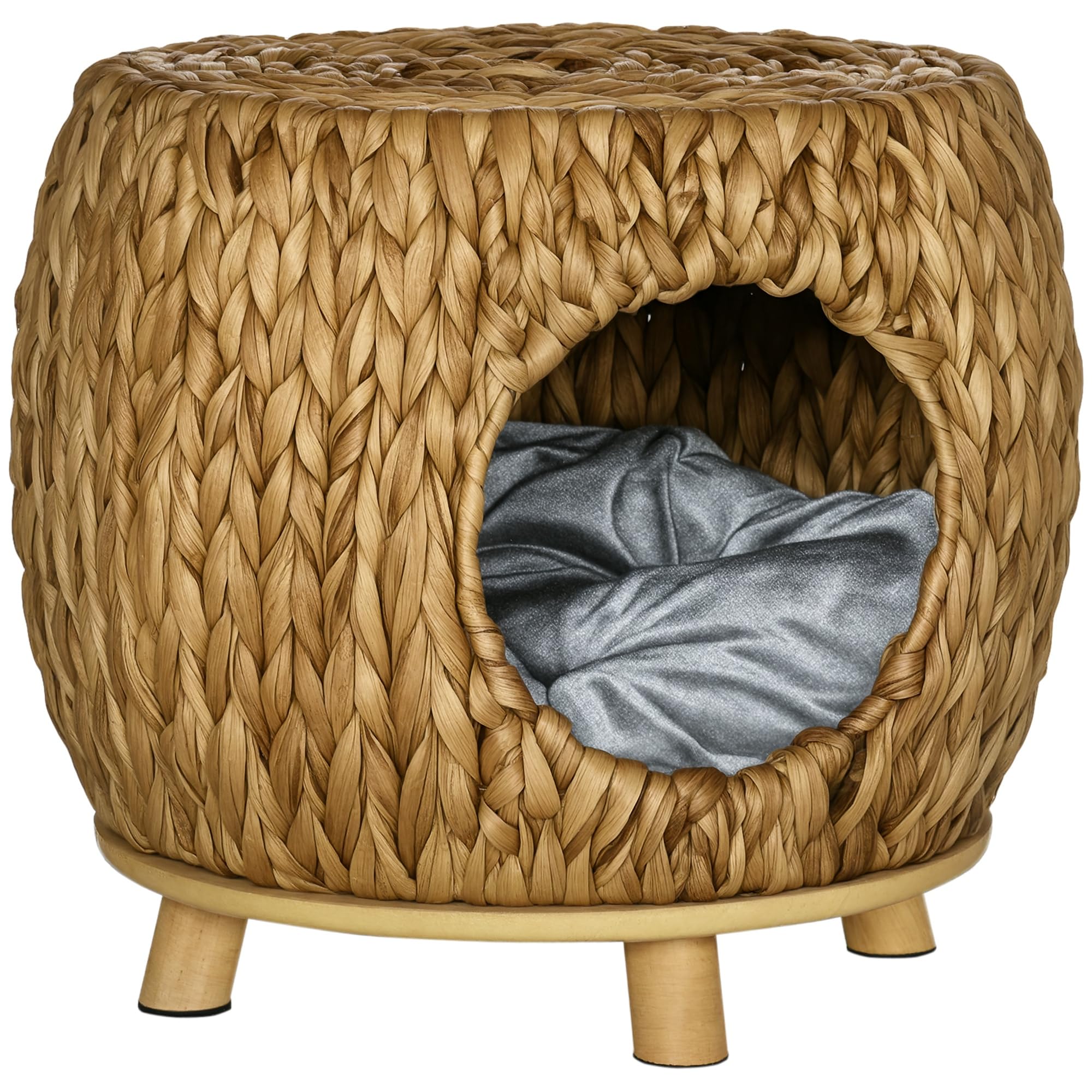 PawHut Taburete de mimbre para la casa del gato, cama de ratán para uso en interiores y exteriores, cama elevada para mascotas con cojín suave lavable 44 x 43 x 41 cm | Cama de ratán para gatito, uso en interiores y exteriores, cojín suave y lavable