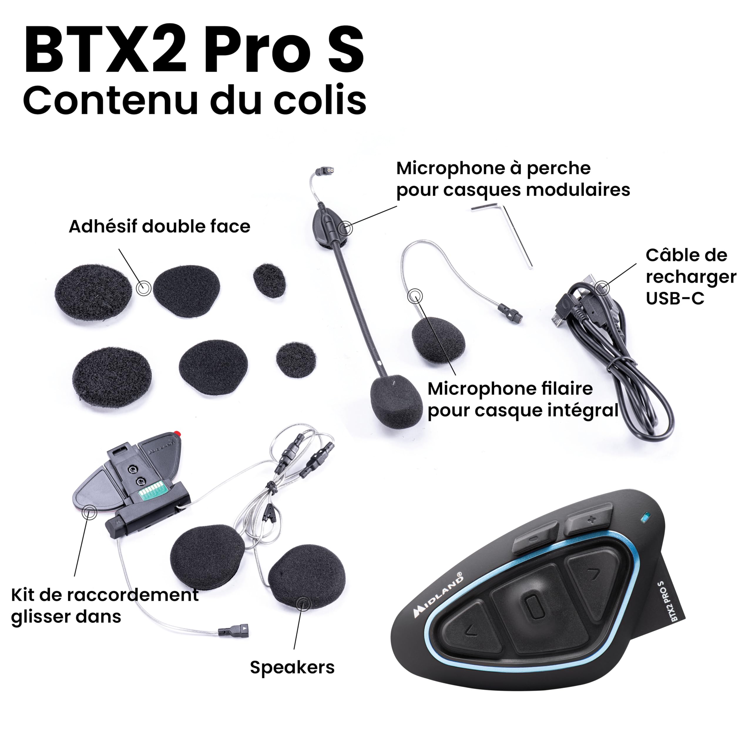Midland - Intercom Moto BTX2 Pro S Solo Individuel Universal, Écouteurs Bluetooth sans Fil Casque Moto Étanche IPX6 avec Double Processeur BT, 800 m, 4 Couple, Batterie 23H, Anti Bruit et Audio Hi-FI