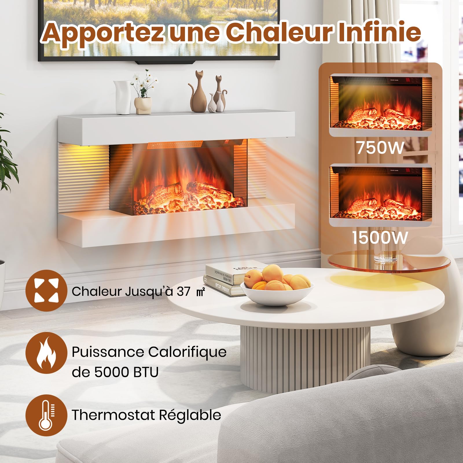 RELAX4LIFE Cheminée Électrique Murale 750W/1500W avec Effet Flamme LED