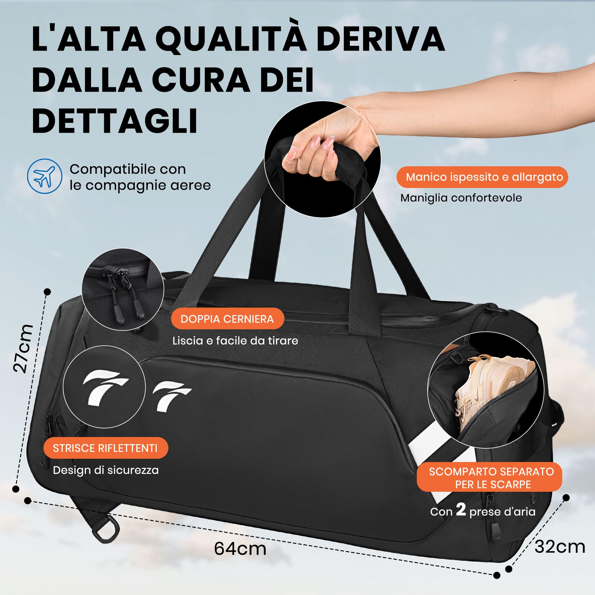Borsone Palestra Uomo Donna, 58L Borsone per Uomo con Porta Scarpe e Tasca Umida da Viaggio, Spallacci Occultabili, Borsone Palestra Impermeabile per Viaggi, il Fitness, lo Sport, Campeggio
