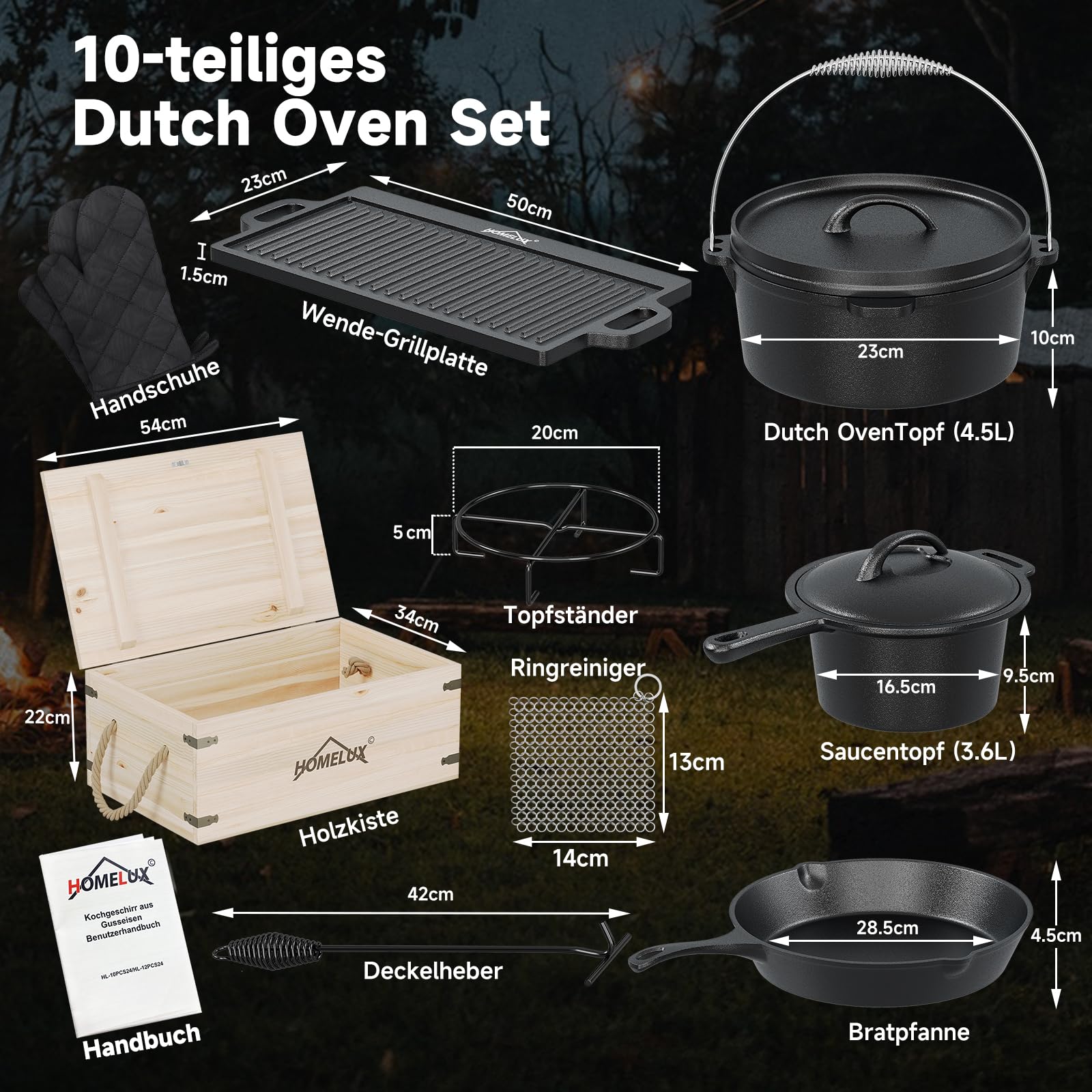 HOMELUX Dutch Oven Set 10-teilig | Gusseisen Camping Kochgeschirr Set mit Grillplatte, Feuertopf, Pfanne, Deckelheber, Untersetzer & Zubehör | Geeignet für Outdoor Grill & Hausküche