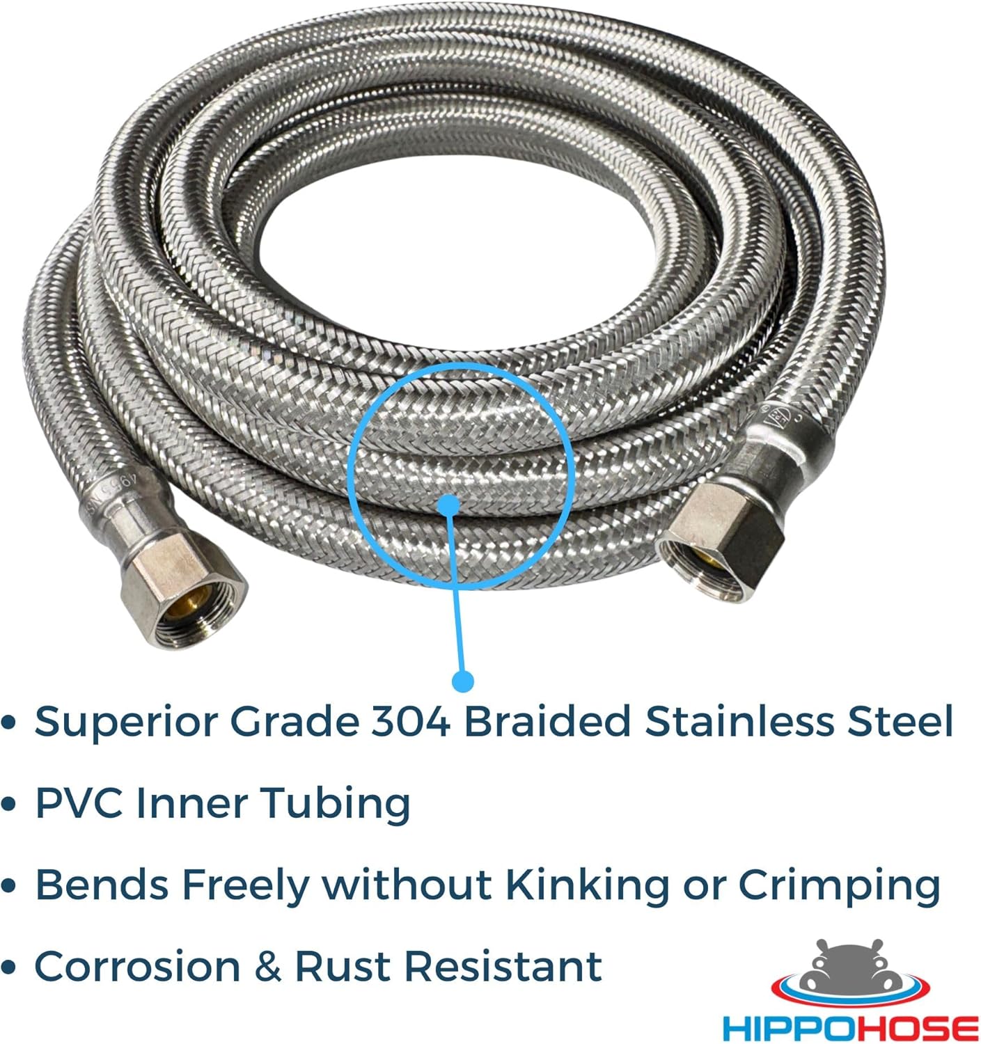 10 FT Braided Stainless Steel Water Supply Line Hose - 3/8 Inch x 3/8 Inch Compression Connections - Extra Long Dishwasher Water Hose, Faucet Supply Line Hose (10 Foot)