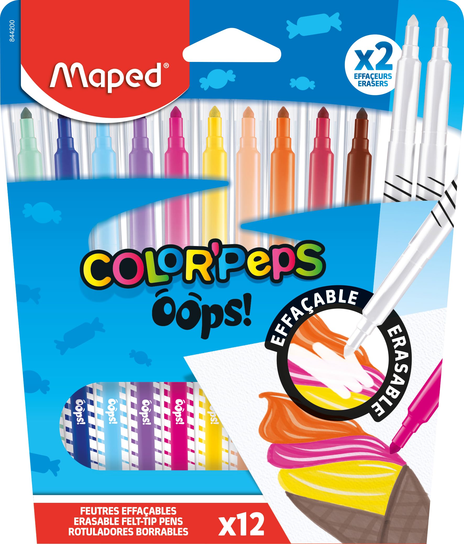 Maped Set de Rotuladores Borrables COLOR'PEPS Oops - 12 Colores, Borrado Instantáneo - Para Niños y Escuela