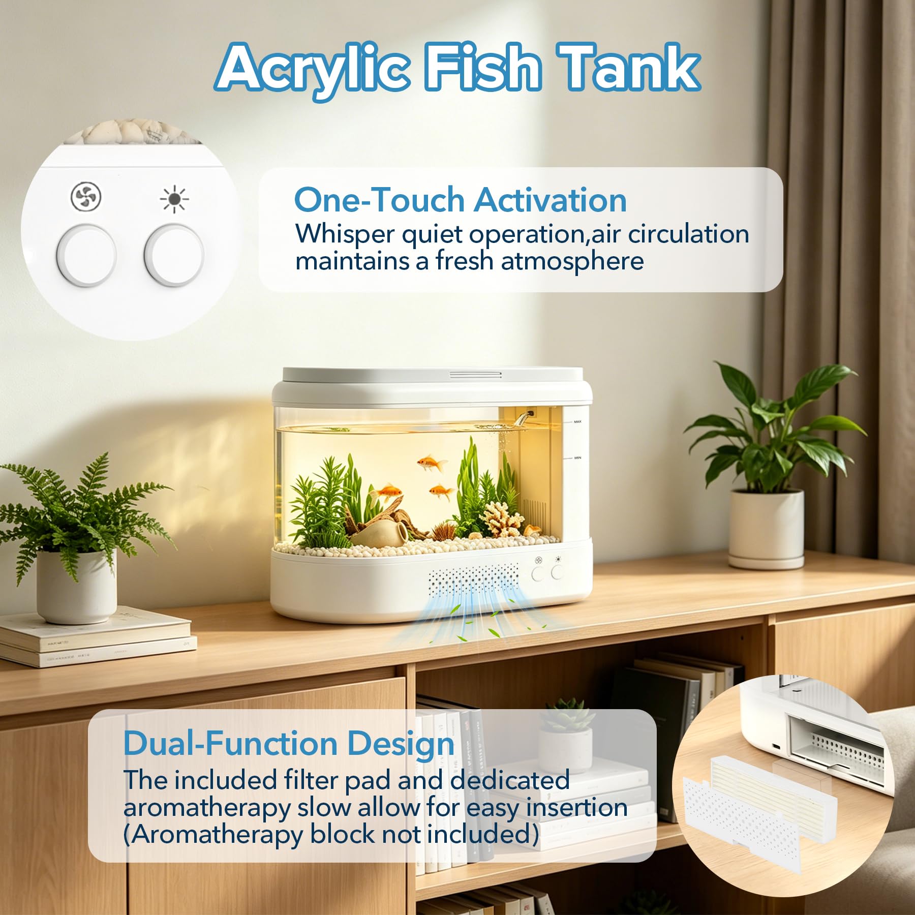 3,7L Acuario Pequeño Kit de Inicio,Blanco Aquario Acrílico con Sistema de Filtrado e Iluminación LED, Pecera Pequeña de Mesa para Peces Betta, Plantas y Gambas