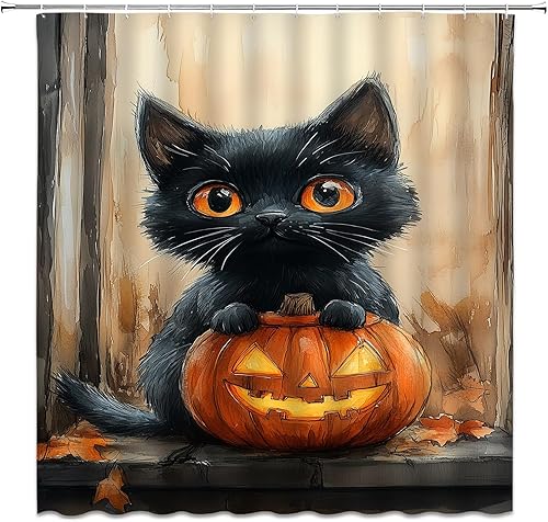Miniatura 2 de Divertida cortina de ducha con diseño de gato negro, diseño de calabaza, espeluznante para Halloween, cortina de baño con ganchos (70 pulgadas de