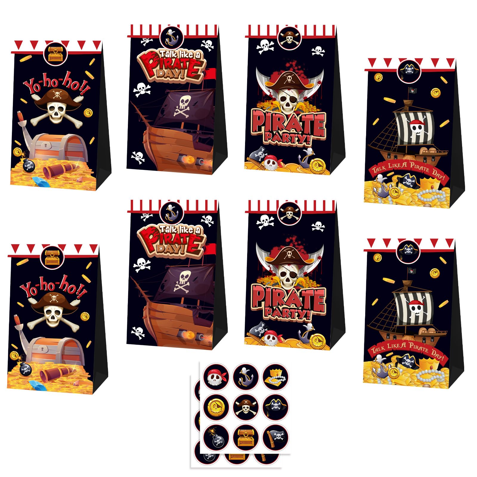 MORAINJAY 12 Pcs Pirate Party Paper Bags, Pirate Nautical Theme Goodie Bags, Kids Birthday Gift Treat Bags, Boys and Girls Party Favour Decoration Supplies, with 18 Stickers — image 1