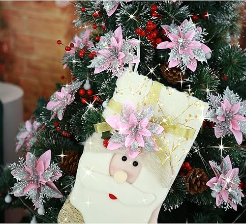 Miniatura 122 de GREENTIME 12 flores de Pascua artificiales azules con purpurina de 5.5 pulgadas, flores de Navidad con clips, tallos de Navidad, adornos para árbol