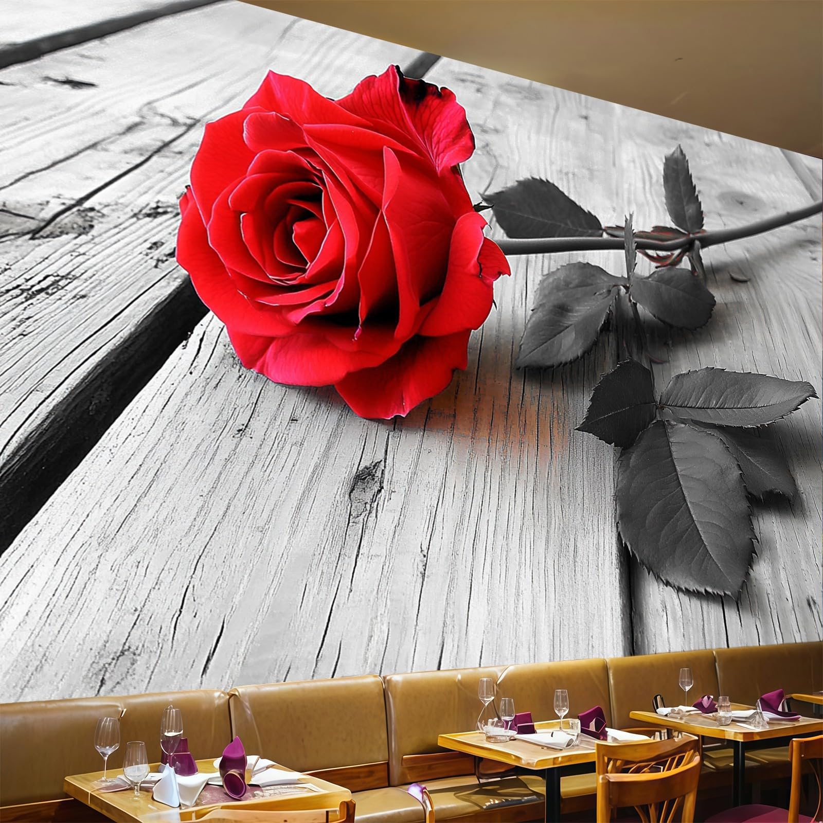 Papier peint panoramique rose de style poster geant rouge avec motif vintage
