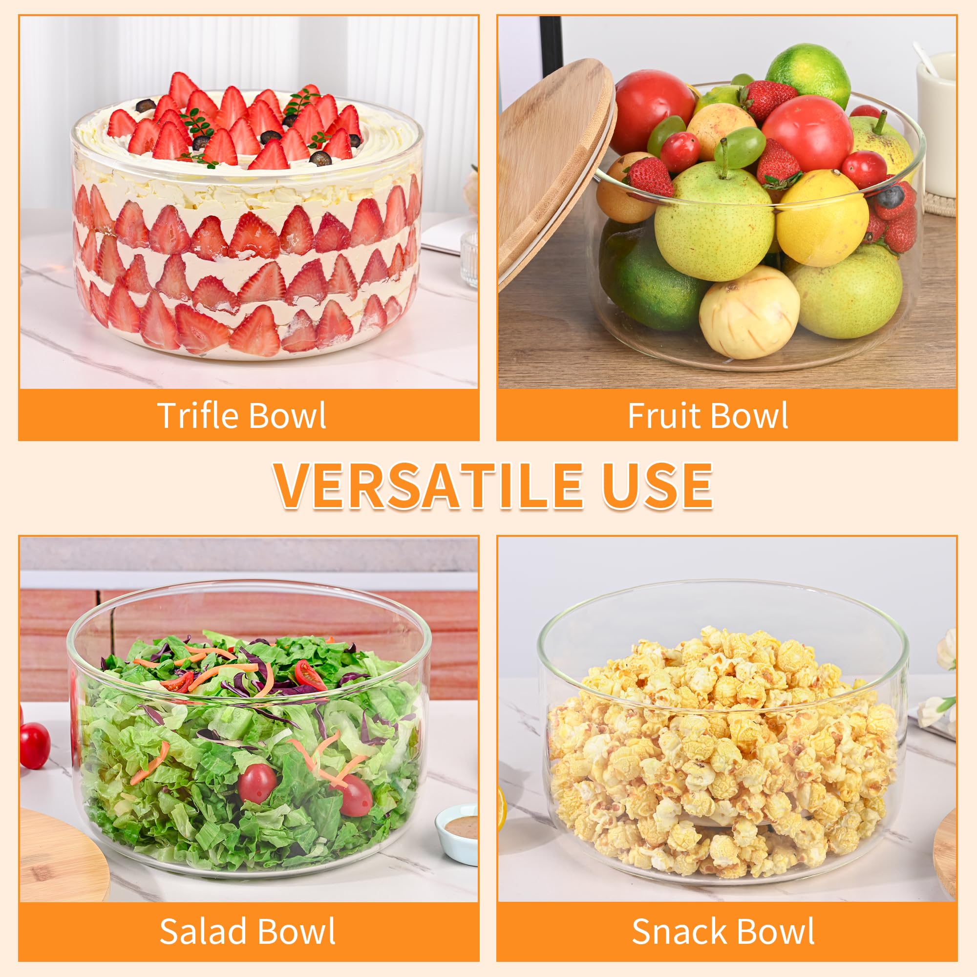 Cuenco grande de vidrio de 5,528.2 g, cuenco grande de 9.8 pulgadas con tapa, cuenco de vidrio transparente para servir ensalada para colocar pasteles de helado, cupcakes, ensaladas, frutas,