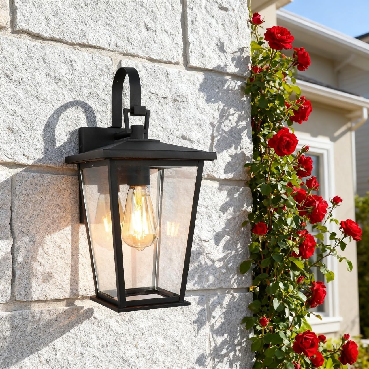 Kalium Outdoor Wall Lights Fixtures Lantern Frame 16 1/8", Outside Lights Black Transitional Durable Metal, Clear Glass for Post Exterior Barn Deck House Porch Yard Patio Garage Garden