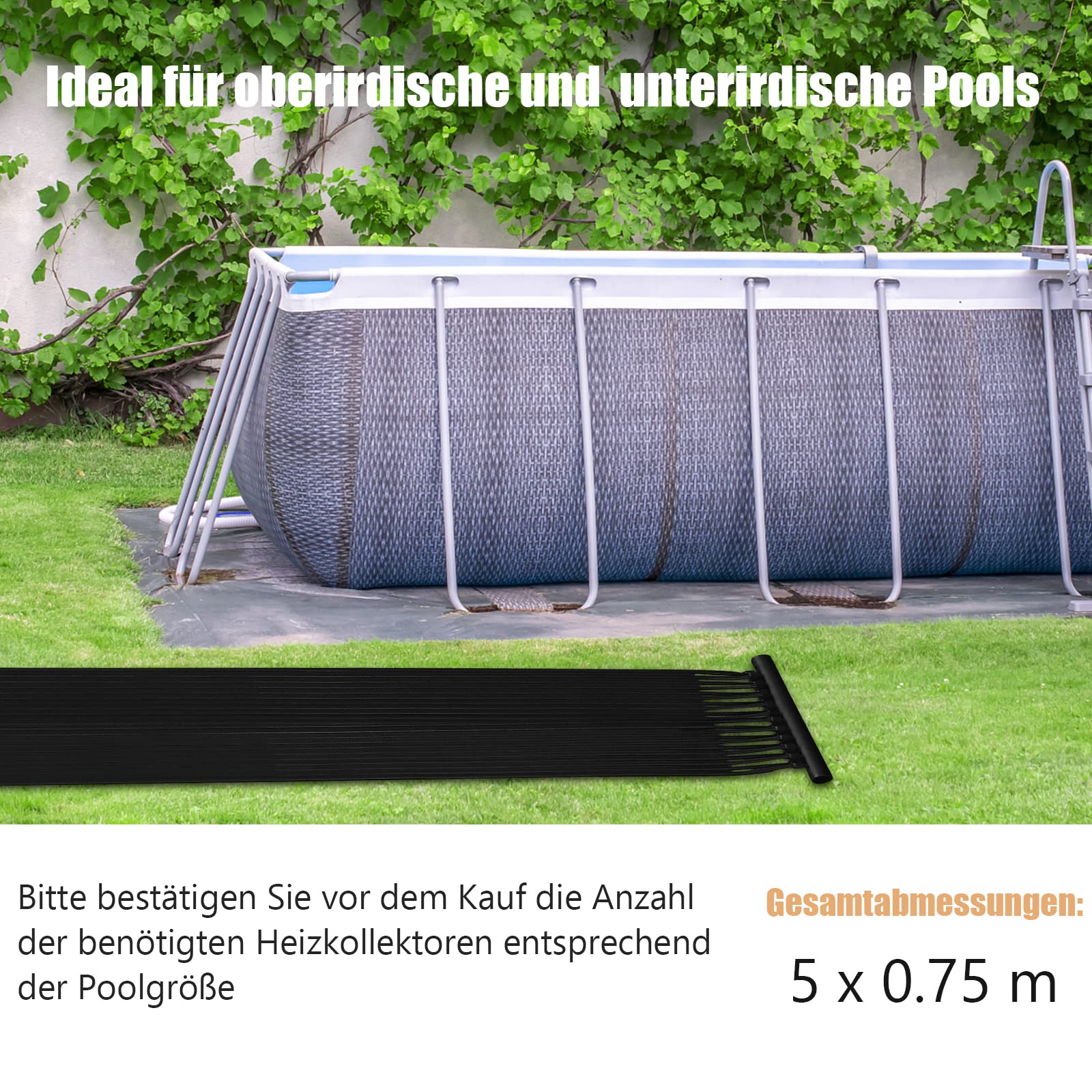 RELAX4LIFE Solar Poolheizung, 500 x 75cm PE-Solarkollektor mit Anschluss für Wassererwärmung, UV-Beständiger Sonnenkollektor mit Komplettset für Schwimmbad (Schwarz 500 x 75cm)