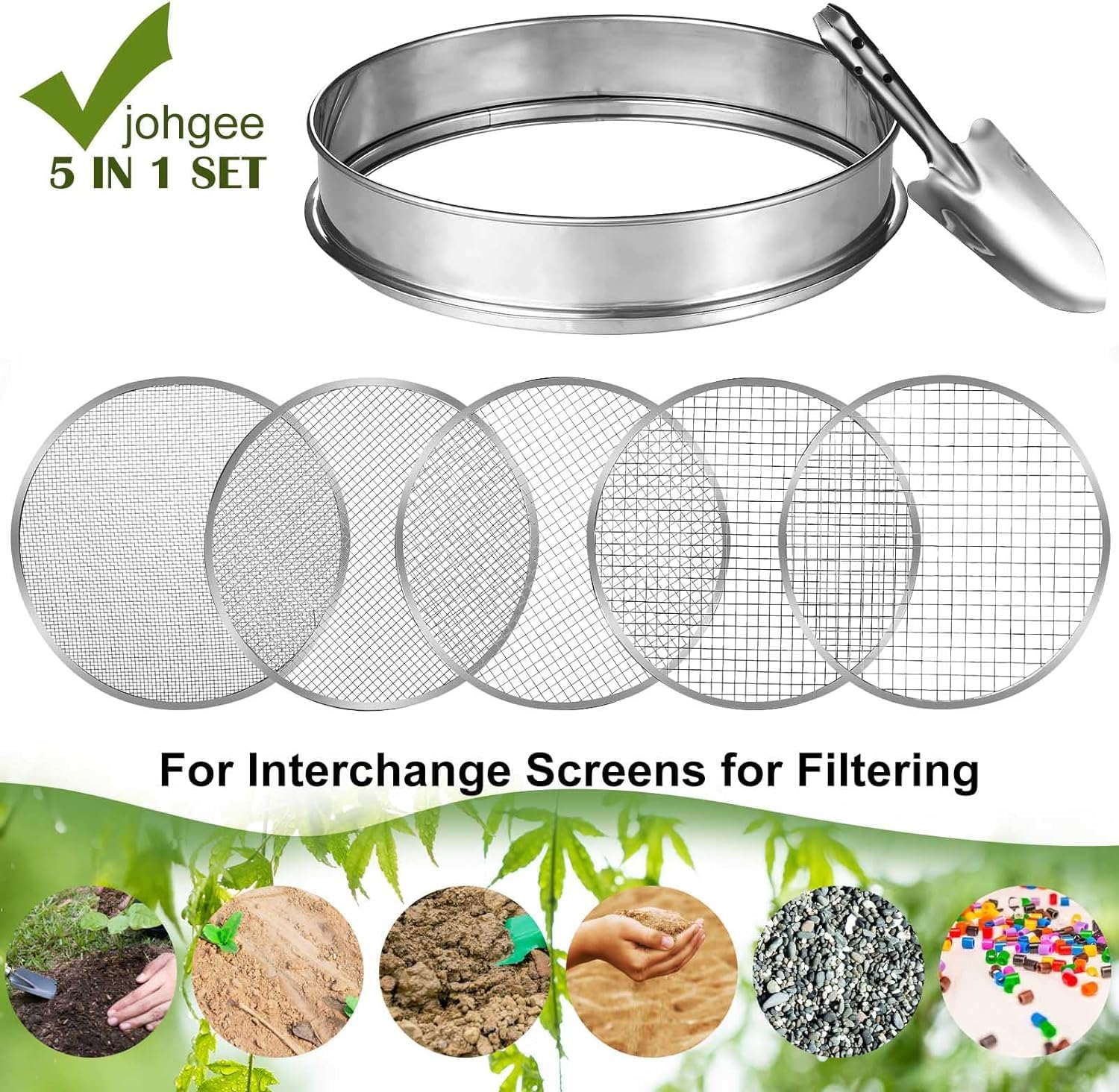 Tamis de Jardin Rond 30cm en Acier Inoxydable avec 5 Mailles Interchangeables Tailles de 3/6/9/10/12mm Outil Jardinage pour Tamiser Le Sol, Les Semences, Les Pierres et Le Compost, Pelle Inclus