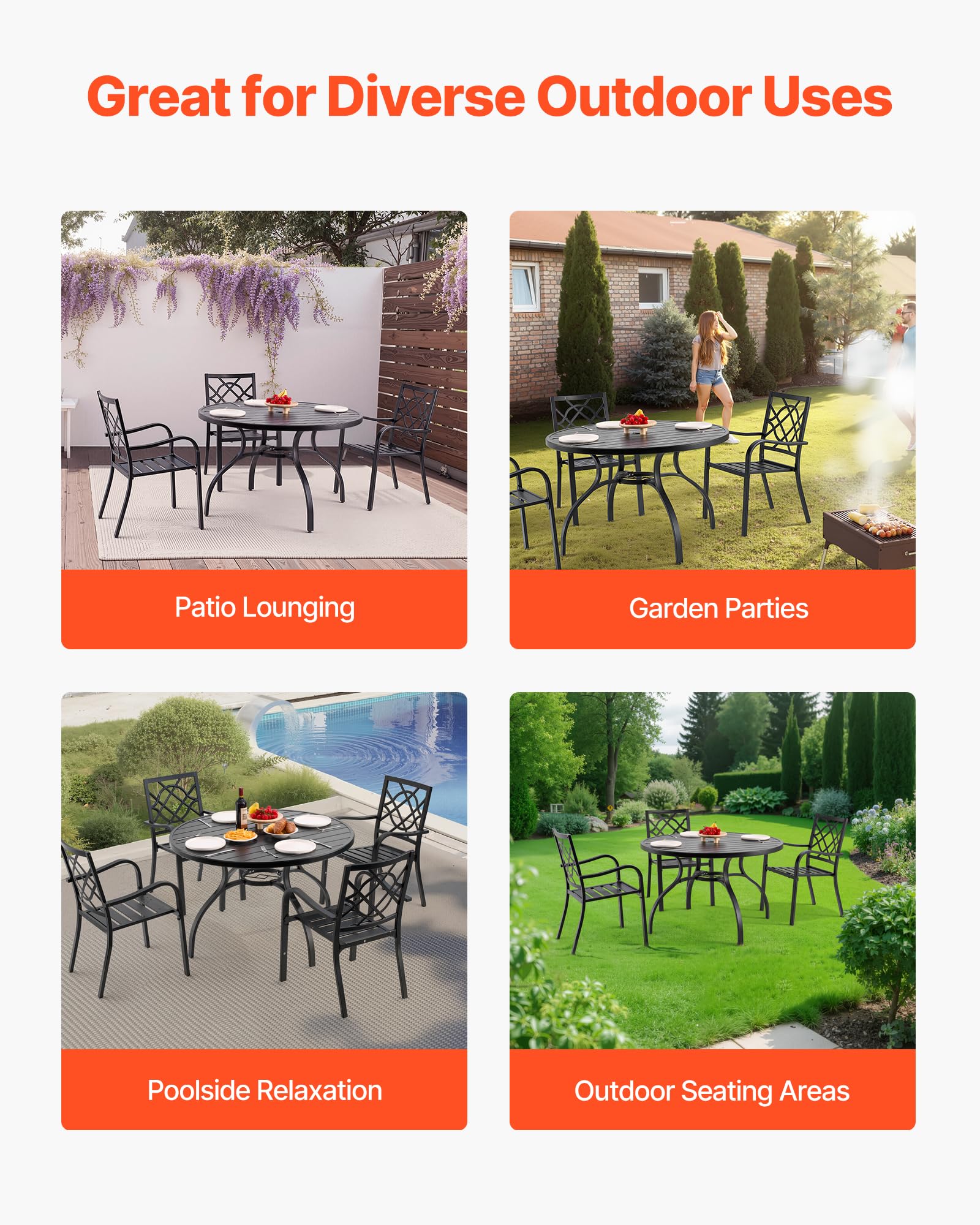 VEVOR Terrassentisch Gartentisch Balkontisch (1200 x 725 mm) aus Kohlenstoffstahl runder Esstisch für Outdoor Hof Terrasse Garten Veranda, wasserfest, mit 38 mm Schirmloch, 68 kg Tragkraft Schwarz