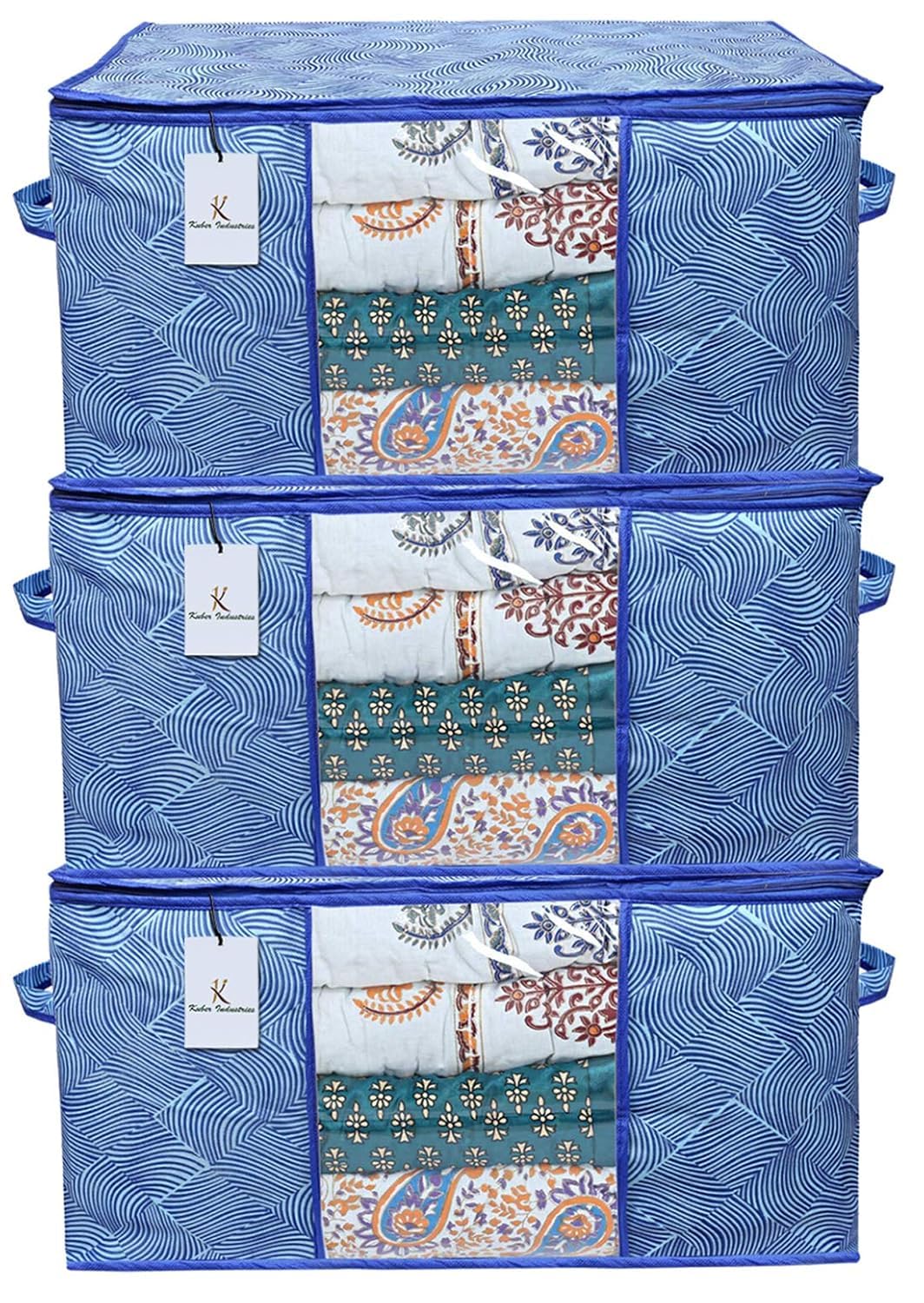 Kuber Industries Leheriya Design 3 Pcs Rectangular Underbed Storage Bag|Storage Organiser|Blanket Cover (Royal Blue)