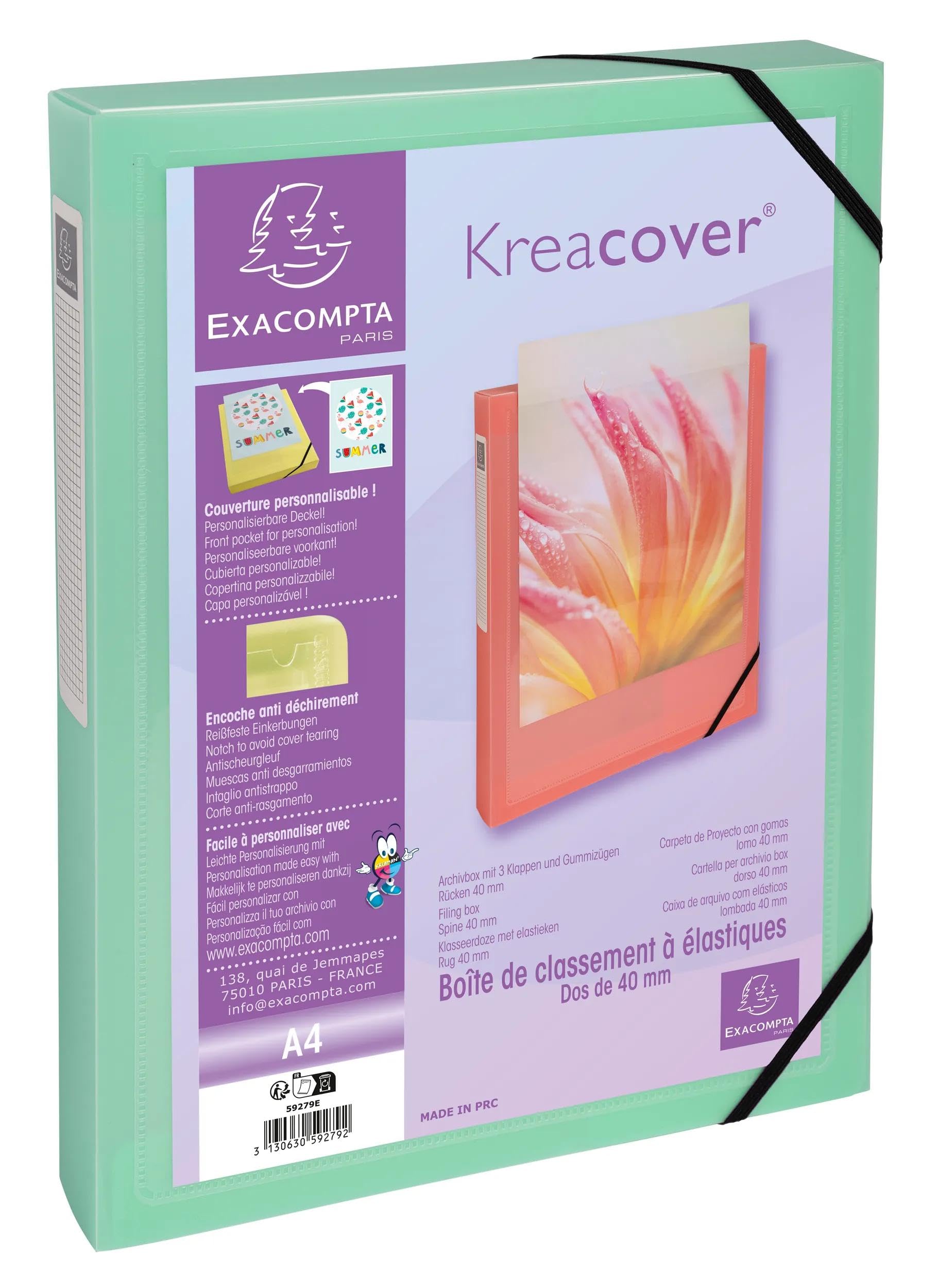 Exacompta - Réf. 59279E - 5 boites de classement avec élastiques Kreacover Pastel - en polypropylène - dos 4 cm - dimensions 25 x 33 cm - pour format A4 - livrées montées