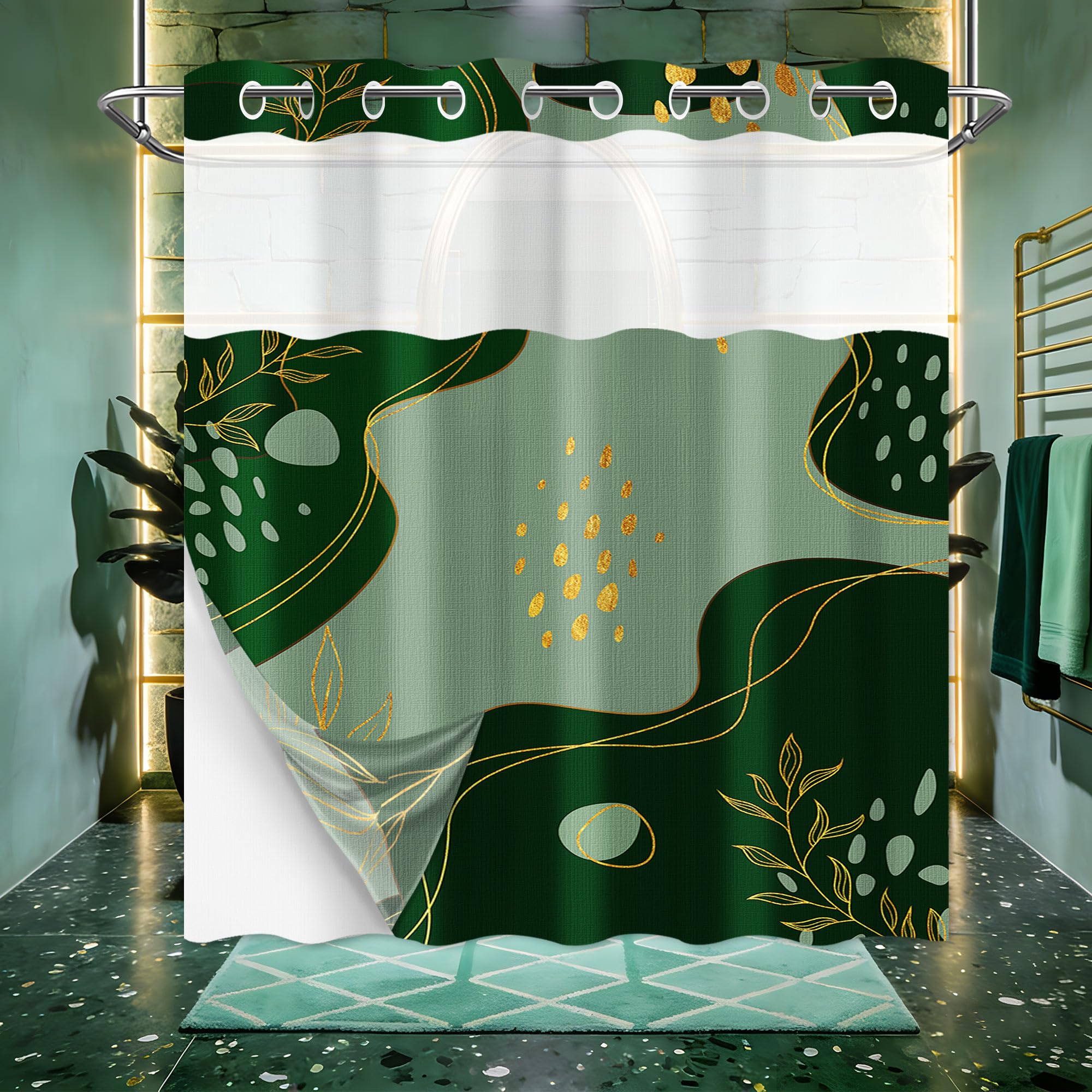puuiui Dark Green Hookless Shower Curtain Mesh with Snap in Liner, Green and Gold Boho No…