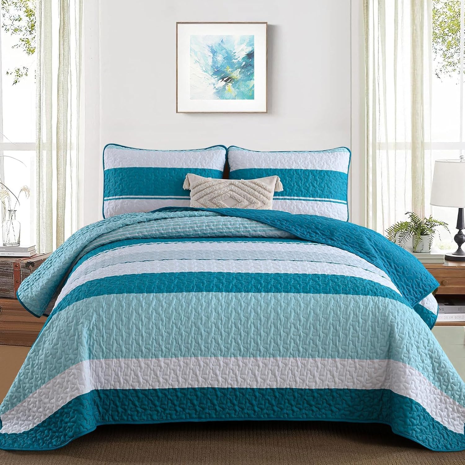 Dinjoy Teal Blue Striped King Size Quilt Set,Boho King Quilt Bedding Set Lightweight Fall Bedspreads Micofiber 3 Pieces Farmhouse Quilts Patchwork Coverlet Bed Sets for Autumn Winter