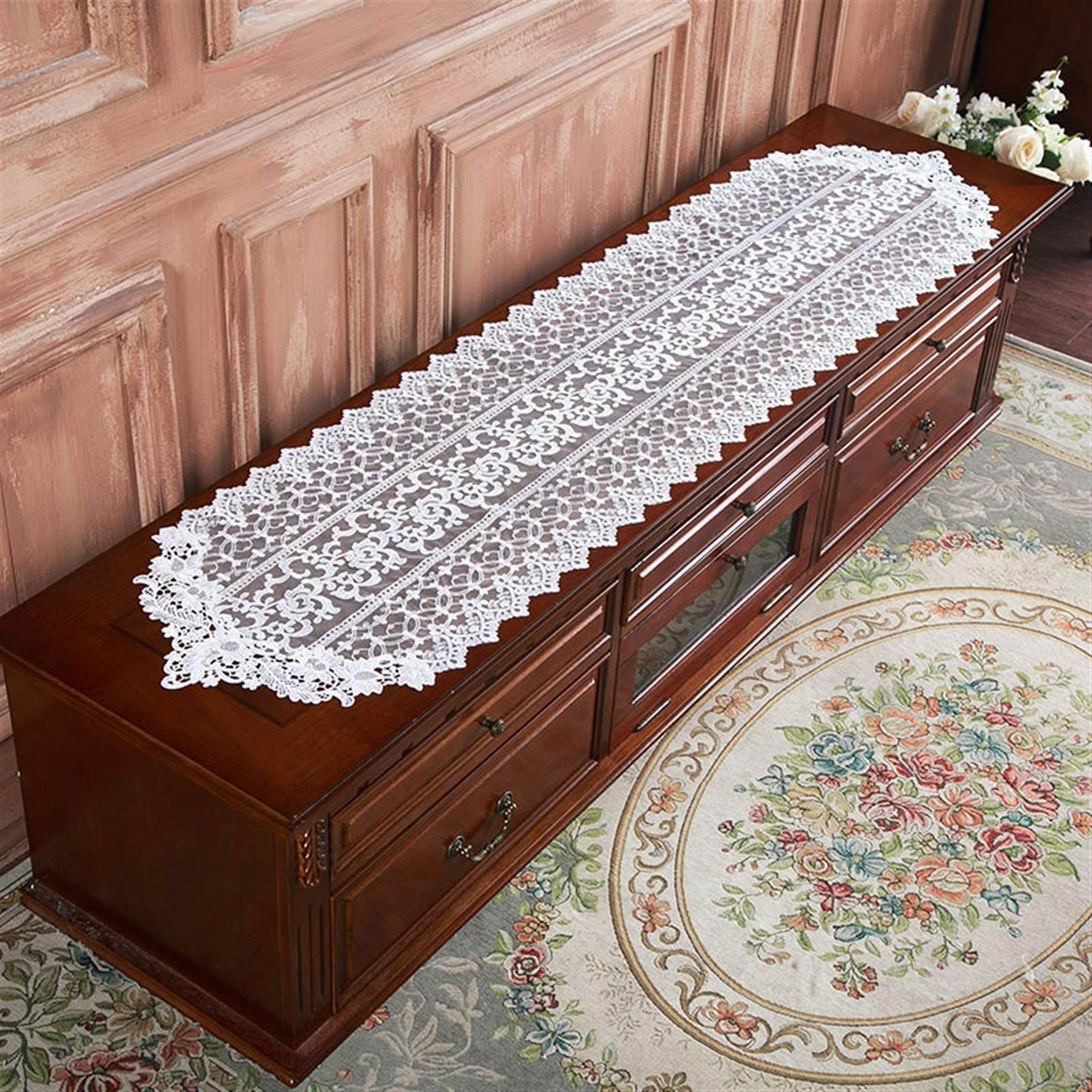 Runner da tavola in pizzo, Runner da tavolo in pizzo bianco con piccolo fiore ricamato sposa | 40*250CM