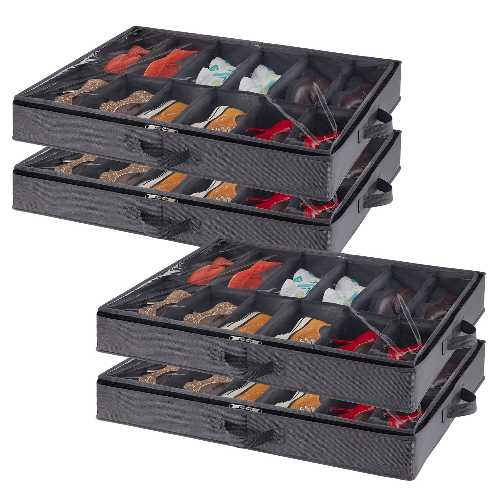 Lifewit 4 Stück Unterbettkommode für Schuhe, Faltbare Unterbett Aufbewahrungsbox Schuhorganizer Schuhe Aufbewahrungstasche Shoe Organizer Bettkasten für Männer Frauen, 4x12 Paar