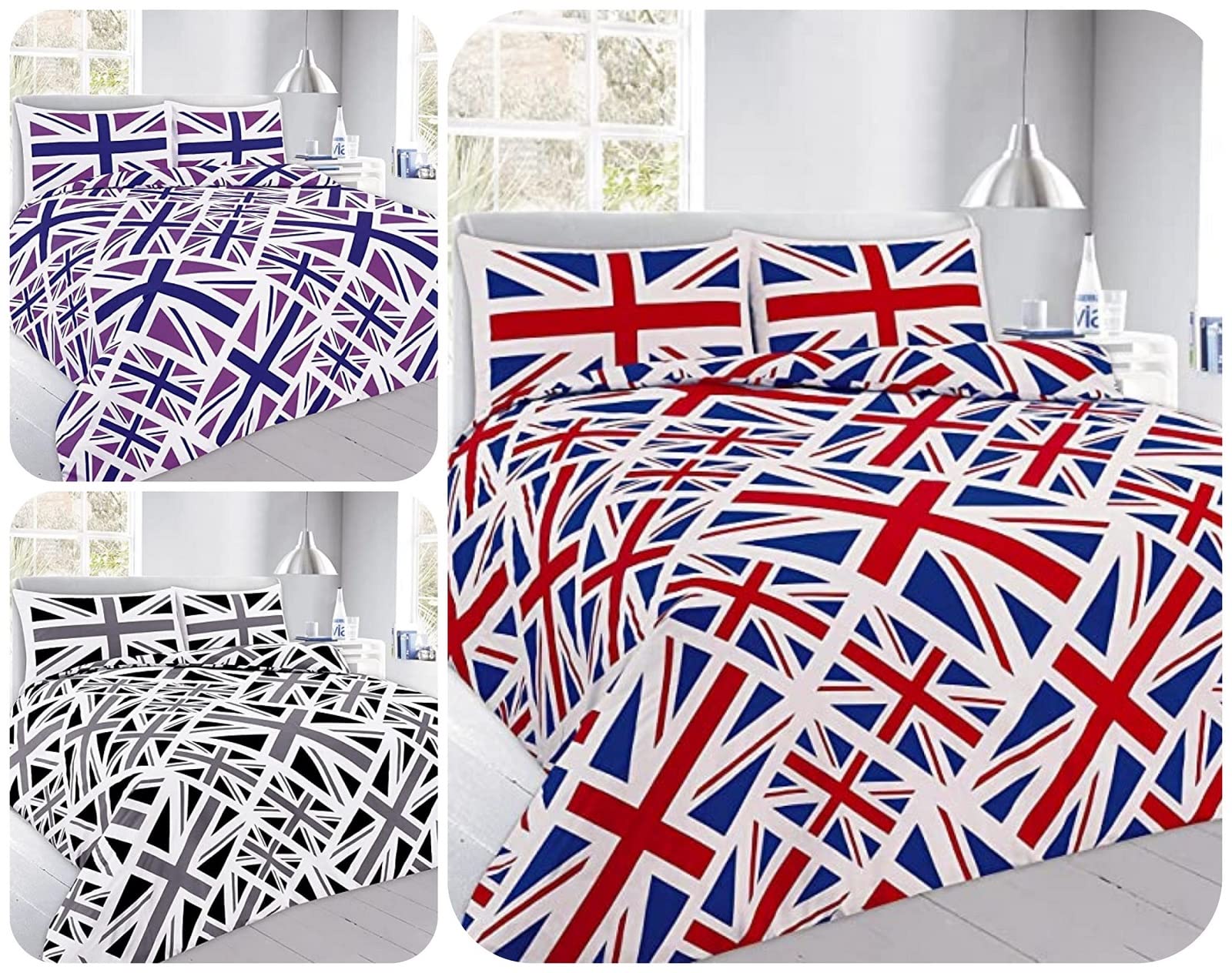 Axcent Comfort UK Flag Union Jack Double Duvet Quilt Cover & 2x Pillowcases Set, Reversible Printed Purple British England Flags Linen Bedding Sets (200x200 cm)
