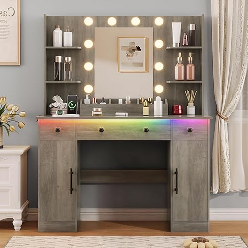 Miniatura 11 de Escritorio de tocador con espejo y luces, tocador de maquillaje rosa con estación de carga y taburete de tocador, 3 cajones y gabinetes, espejo de